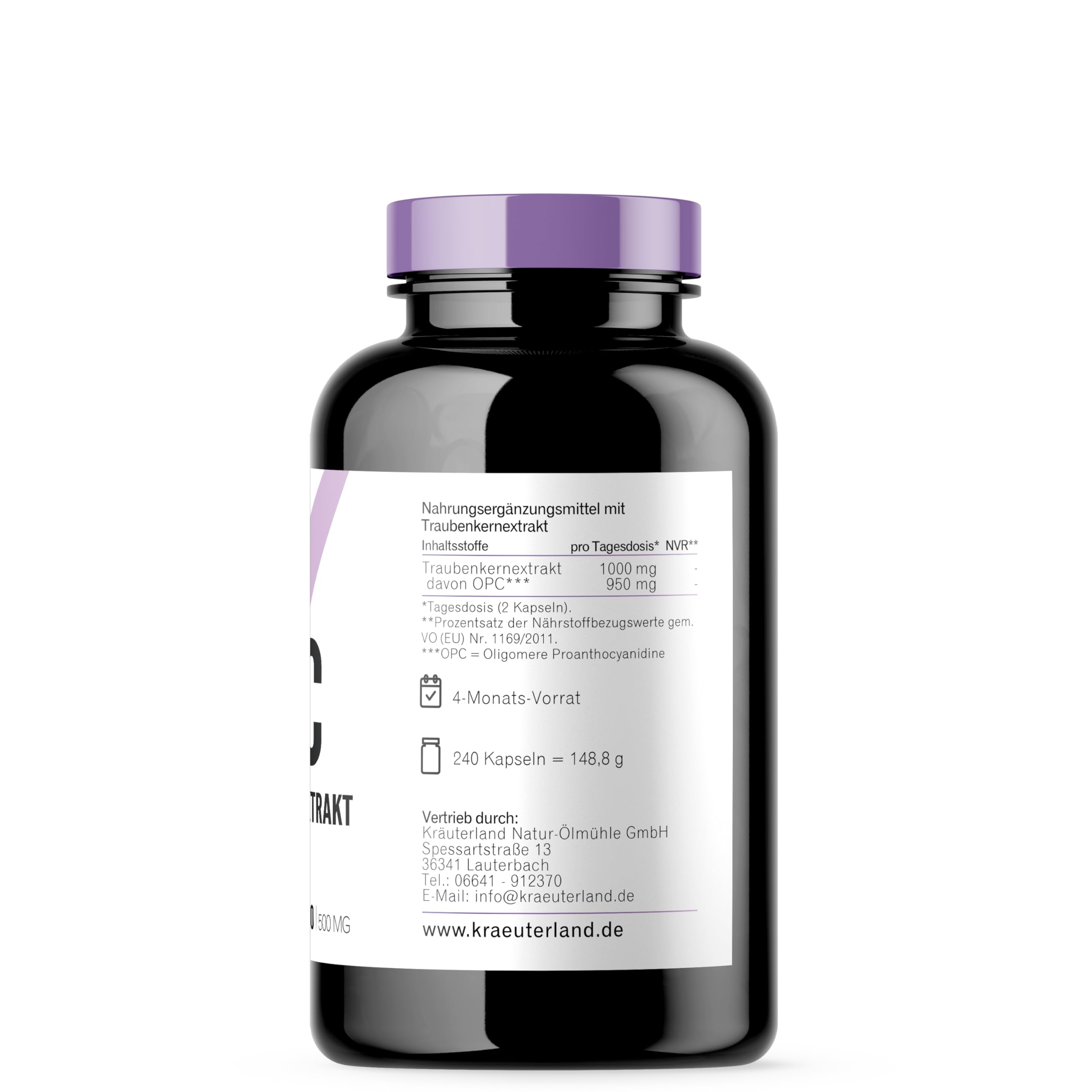 Kräuterland OPC Traubenkernextrakt hochdosiert - 240 Kapseln je 500mg - 950mg Traubenkern OPC pro Tagesdosis - vegan, aus französischen Weintrauben - in Premium Qualität