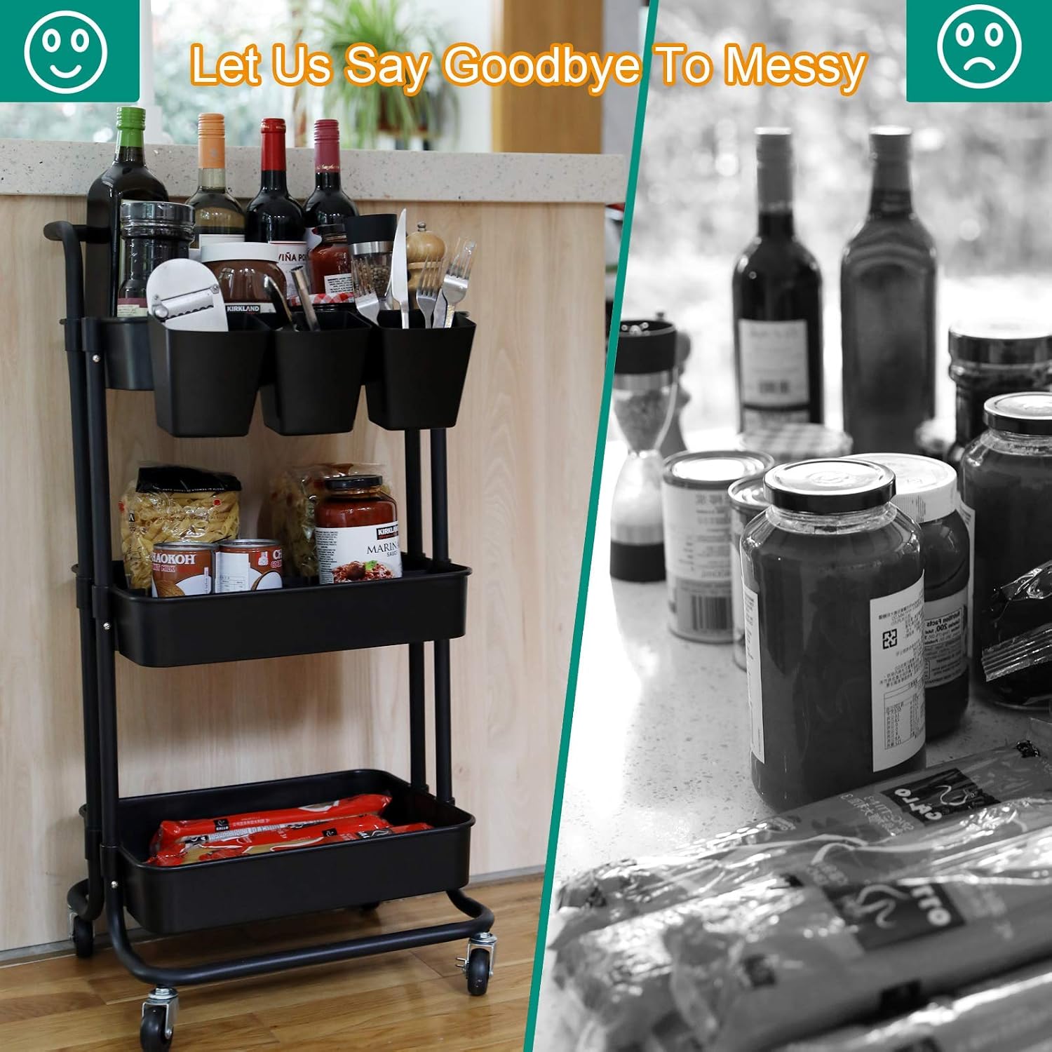 3-Tier Rolling Utility Cart with Hanging Cups & Hooks & Movable Grid&Handle Multifunction Organizer Storage Trolley Service Cart with Wheels,Easy Assembly for Kitchen,Bathroom,Office,Bedroom(Black)