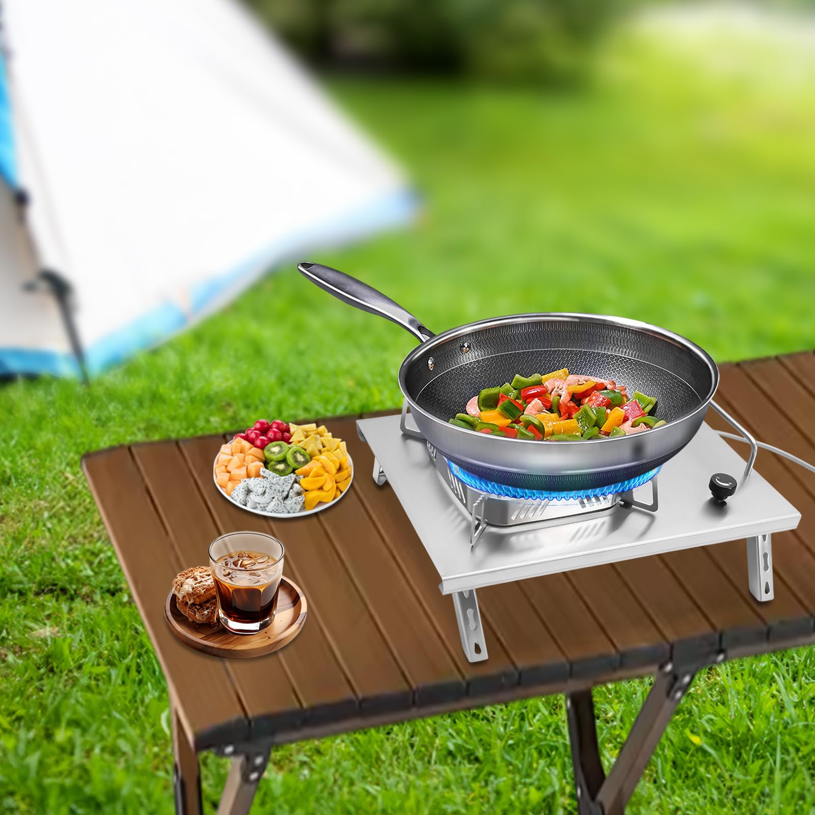 Hornillo de camping de gas plegable de 2600 W, hornillo de gas portátil con encendido piezoeléctrico, resistente al viento, quemador ajustable, incluye bolsa portátil para pícnic al aire libre,