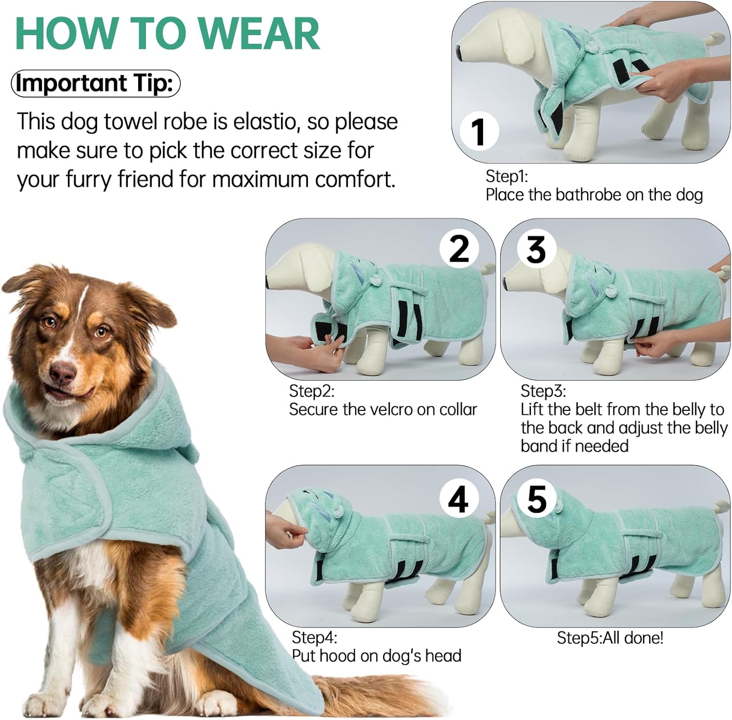 Dog Bathrobe Dog Drying Coat, Microfibre Material Fast Drying Super Absorbent Dog Bath Towel, Magic Sticker & Belly Strap, Dog Robes for After Bath Dog Bath Robe for Puppy Small Medium Large Dog Cat