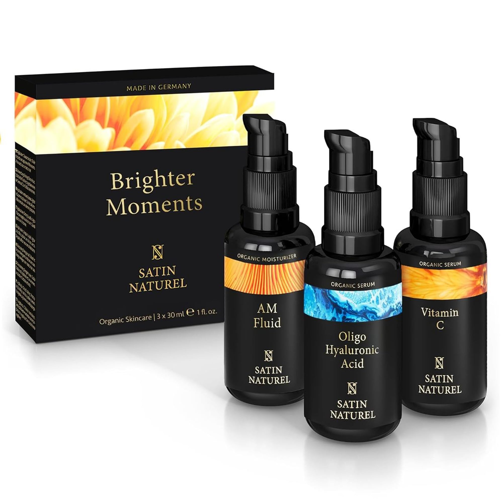 Satin Naturel Zestaw Prezentowy dla Kobiet – 3×30 ml Wellness Beauty Set z Serum z Witaminą C, Serum z Kwasem Hialuronowym i Beauty Fluid z Ceramidami na Bazie Organicznego Aloesu