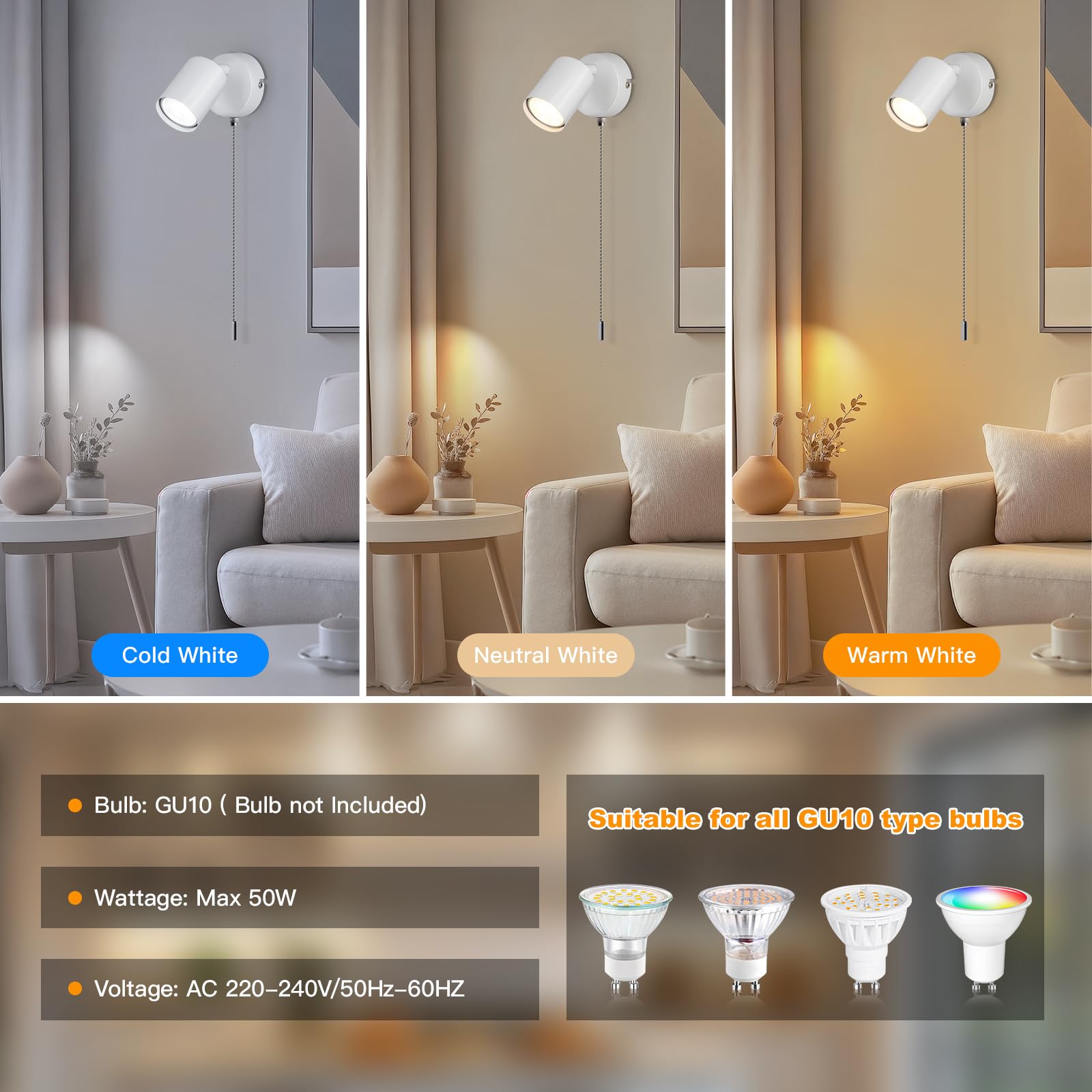 Ketom Adjustable Wall Light with Pull Cord Switch, GU10 Modern Wall Sconce Lights White, Wall Spotlight Fixtures - Image 2