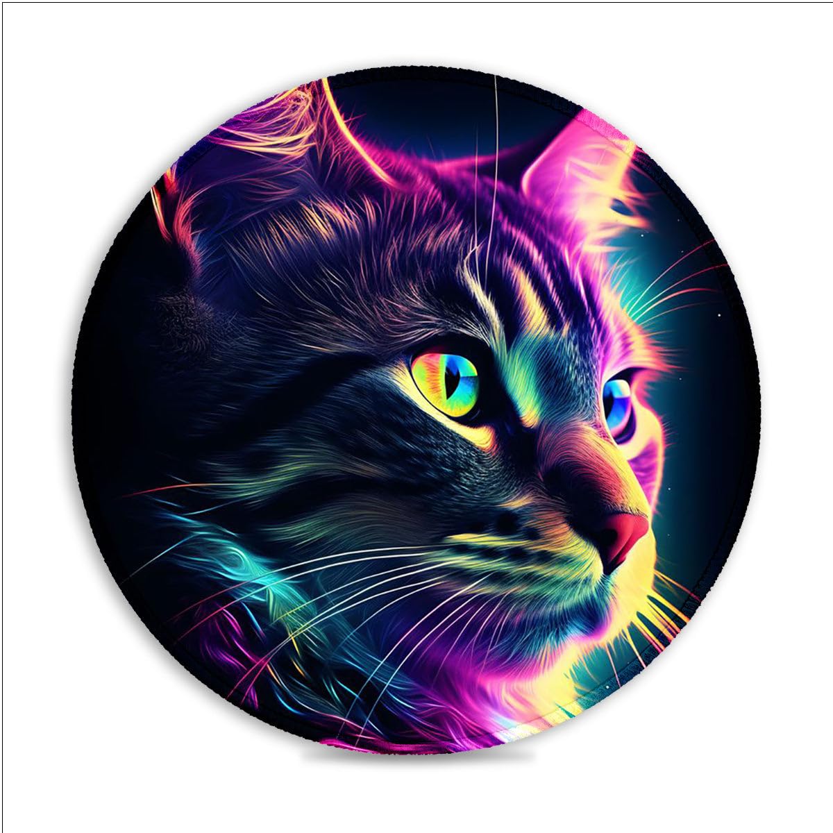 Alfombrilla de ratón para juegos, diseño de gato neón (25 x 25) cm, alfombrilla de mouse redonda de tela SU para mouse de control ultra preciso, bordes cosidos, base antideslizante, alfombrilla de