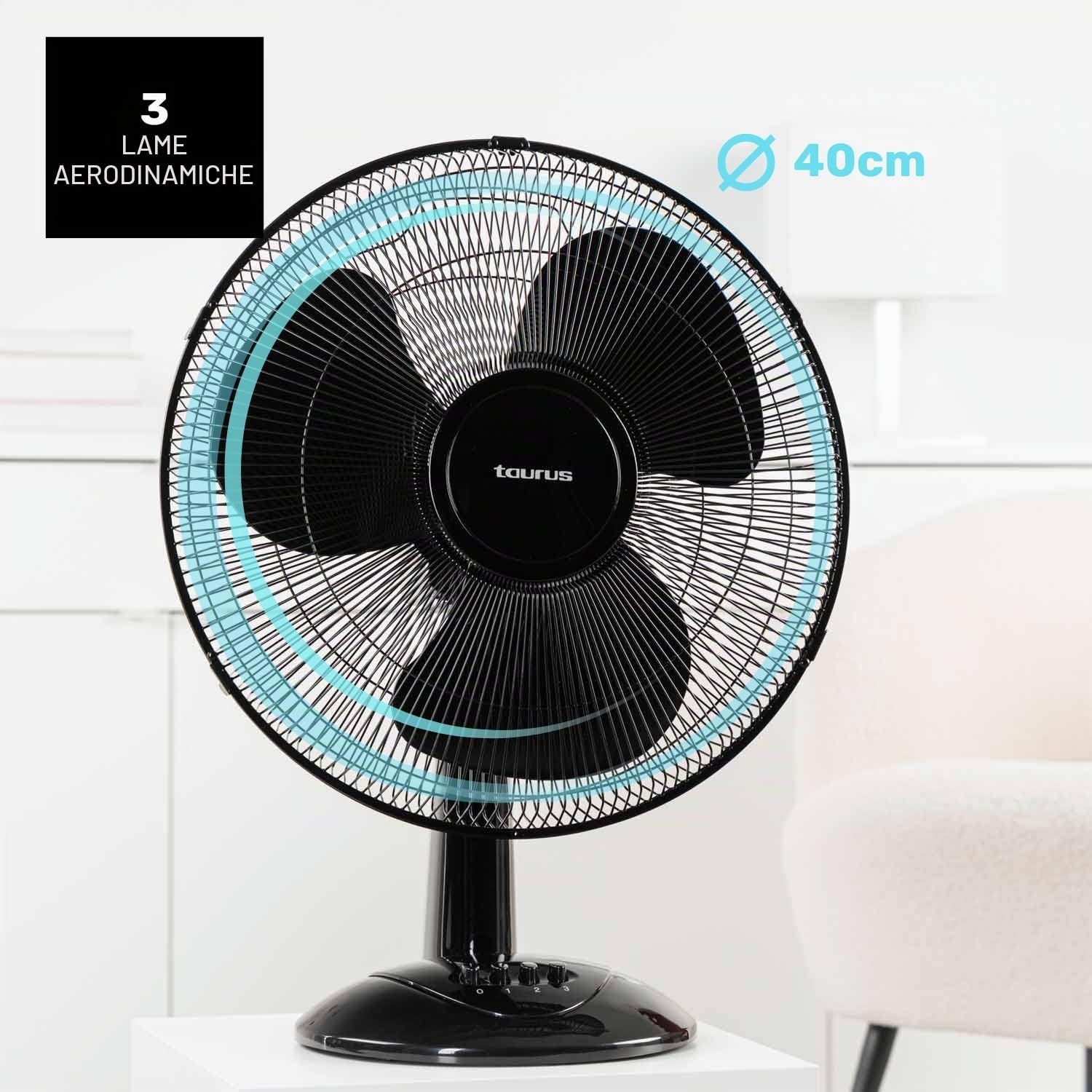 Taurus – Ventilatore da tavolo Greco 16 Elegance | 45W | 3 pale 40 cm | 3 velocità | Oscillazione automatica | Inclinazione regolabile | Compatto e silenzioso | Portatile | Base antiscivolo | Nero