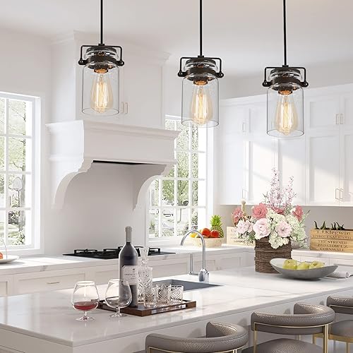 Miniatura 7 de Iluminación colgante para isla de cocina, lámpara colgante de cristal moderna lineal para comedor, 1 luz, lámpara colgante industrial para techo,