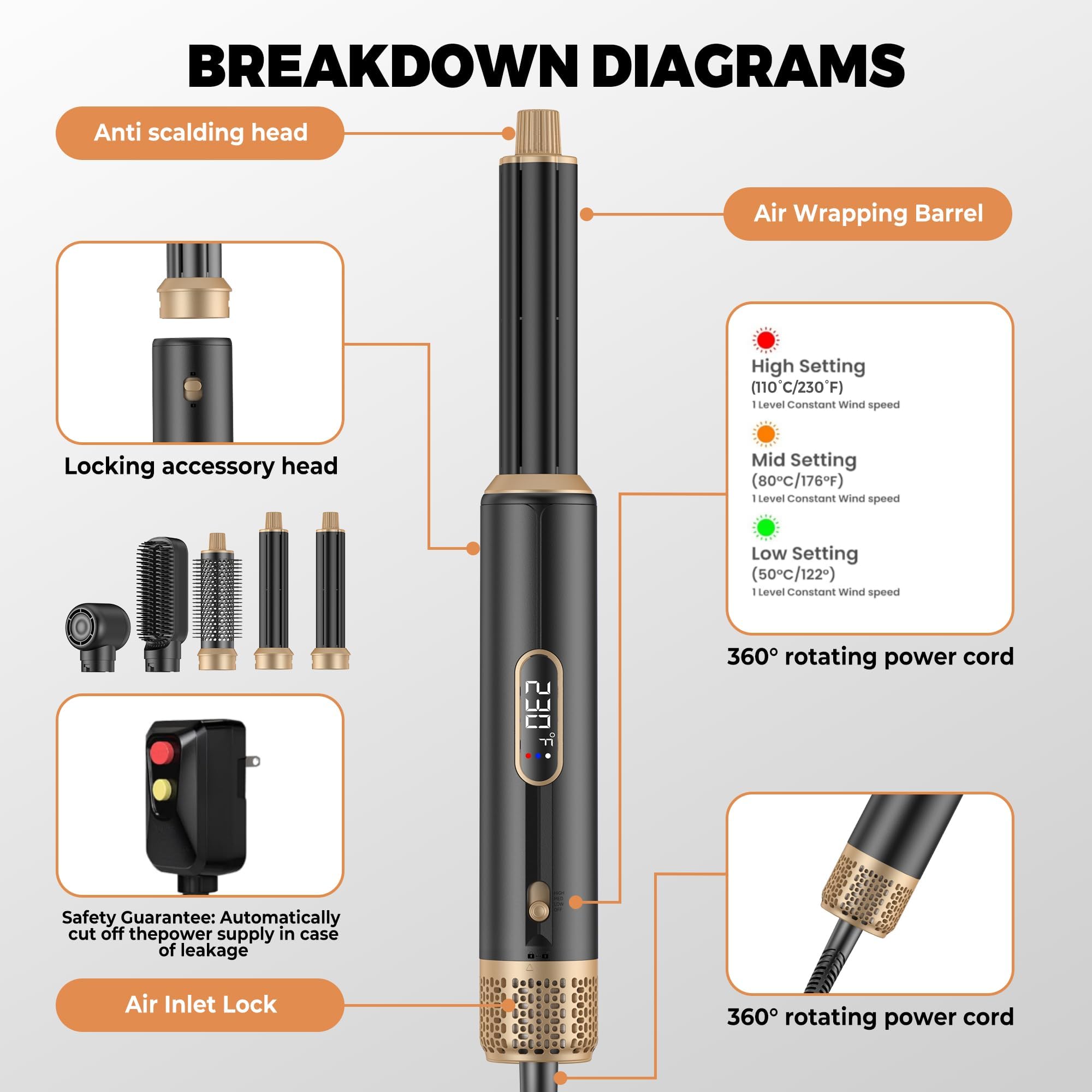 Kit 5 en 1 con secador de pelo y plancha de pelo, plancha multifunción para rizar, alisar y dar volumen, pantalla LED digital, 3 niveles de calor (50-110 °C) (negro-4)