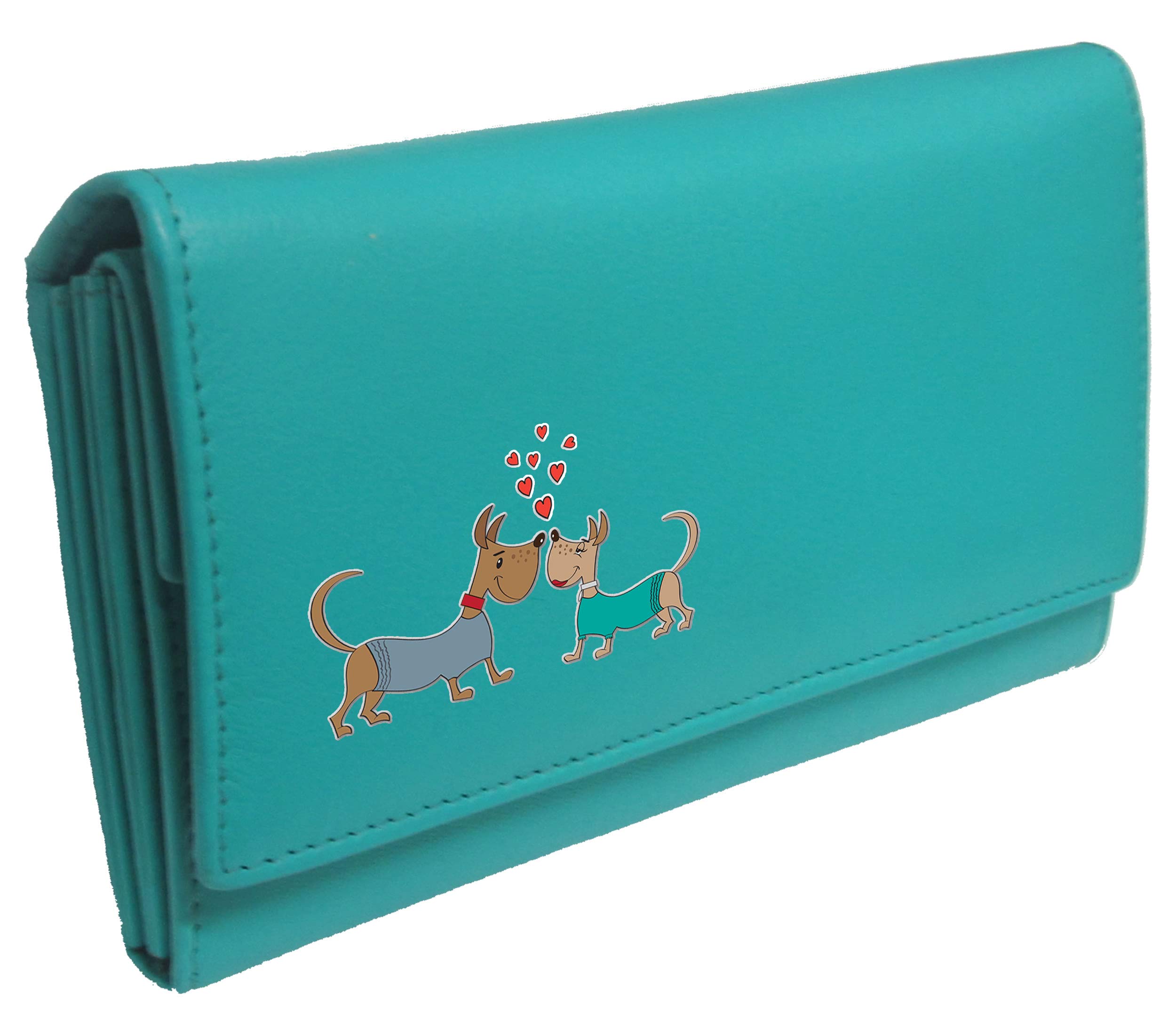 Dogs in Love Womans Turquoise Purse Brand Image on Real Animal Leather Dog Lovers Accessory Gift