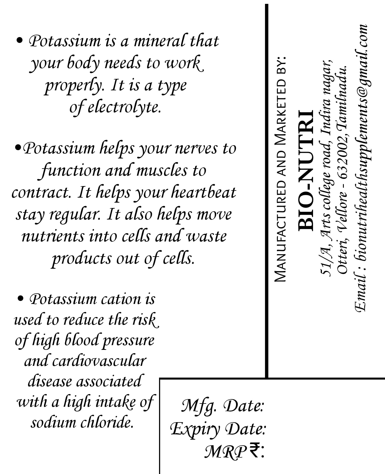 BIO-NUTRI KCL POTASSIUM CHLORIDE - Potassium supplement powder - 300g - 240 Servings (1.25 g measuring scoop provided). 1