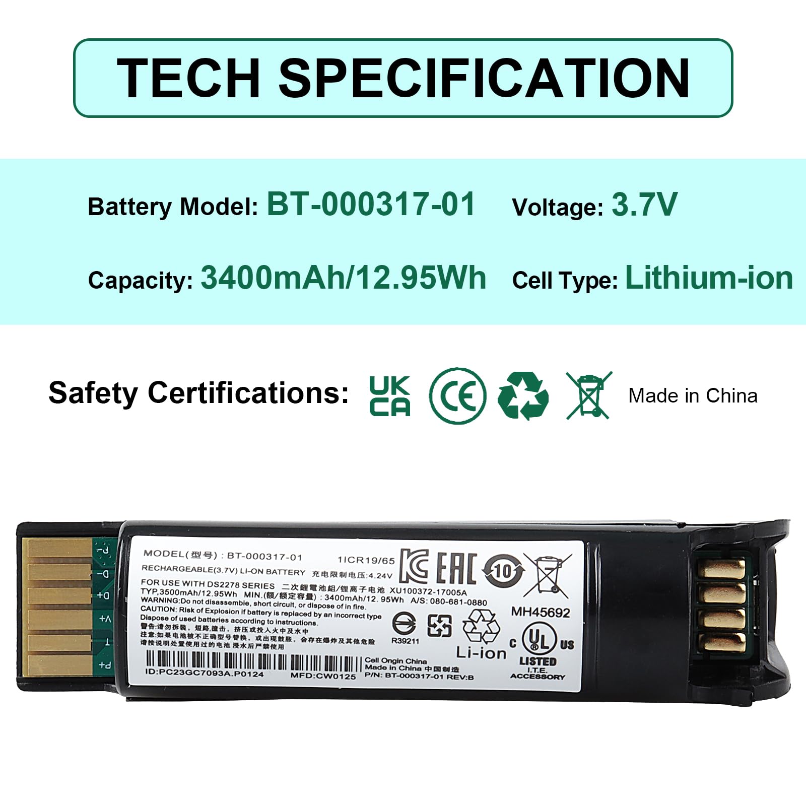 Bateria 3400mAh kompatybilna z Zebra DS22, DS2208, DS2278, DS2278SR, CR2278, CR2278-PC Series Scanner, BT-000317-01 skaner baterii 12,95 V