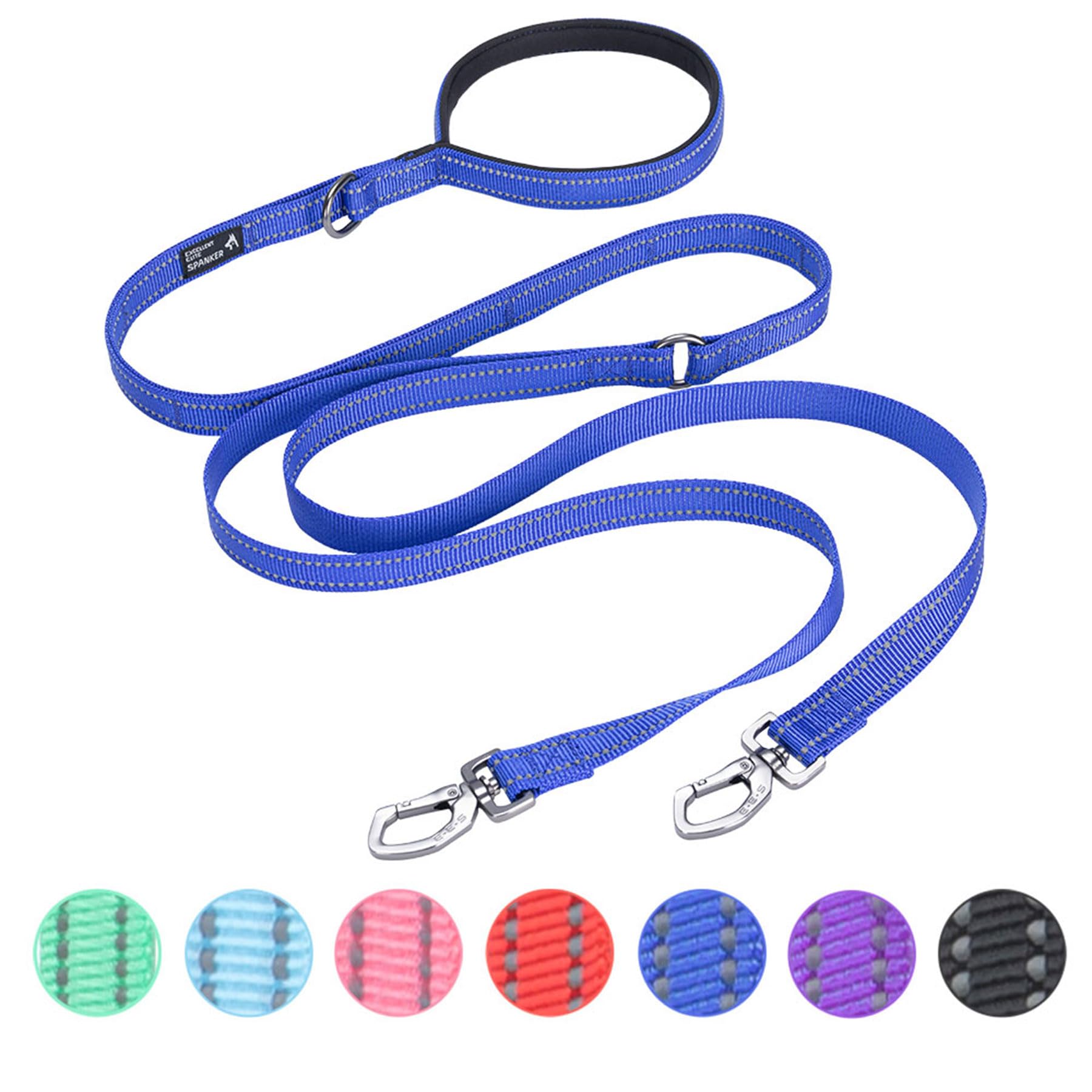 EXCELLENT ELITE SPANKER Guinzaglio doppio riflettente per cani doppio guinzaglio per cani 5 m multiplo con manico imbottito per due cani che camminano addestramento (blu)