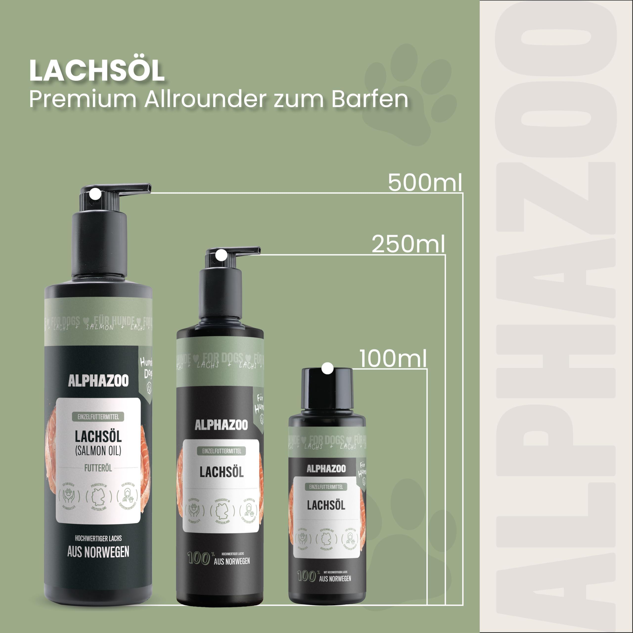 alphazoo Olej z łososia premium dla psów 100 ml, Omega 3 i 6 olej rybny dla psów – napełniony w Niemczech, olejek barf, pielęgnacja sierści psa