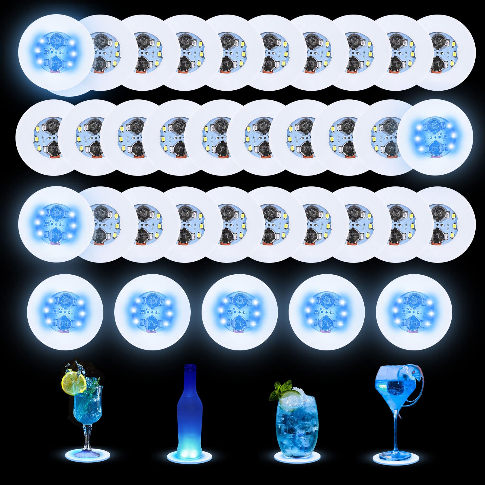 luolety LED Coaster, 35PCs Cup Mat LED Stickers Light Up Bar Coasters Tunnel Liquor Bottle Flash Light Cup Mat for Glass Beverage Mat Home Flashing Shots Light for Party, Wedding (Blue)
