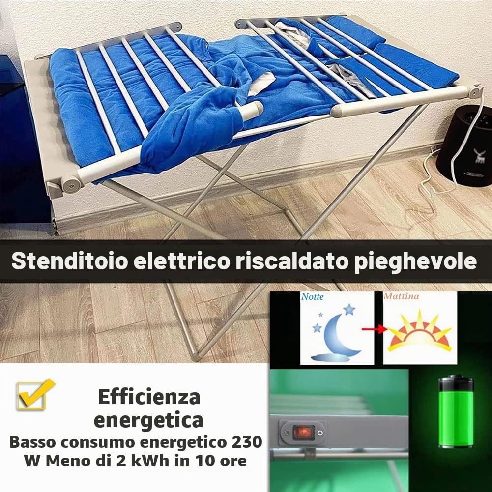 20 Bars Stendibiancheria Elettrico Basso Consumo, Stendino Elettrico Riscaldato Pieghevole 230W, Stendibiancheria Elettrico Asciugabiancheria