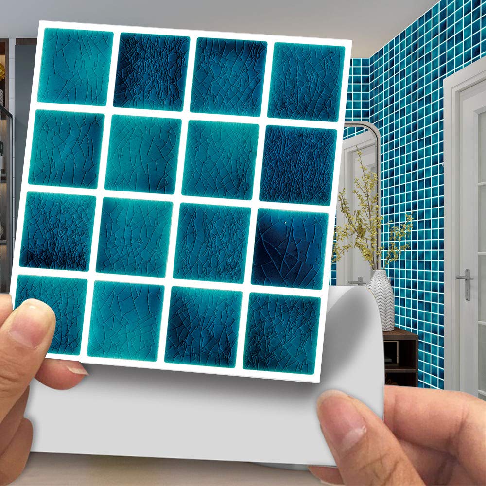 Hiser 20pcs Mosaic Style Kitchen Bathroom Wall Tile Stickers, DIY Square Decals Creative Personality Sticker for Kitchen Living Room Bathroom Home Decor Self-Adhesive (blue,10x10cm)