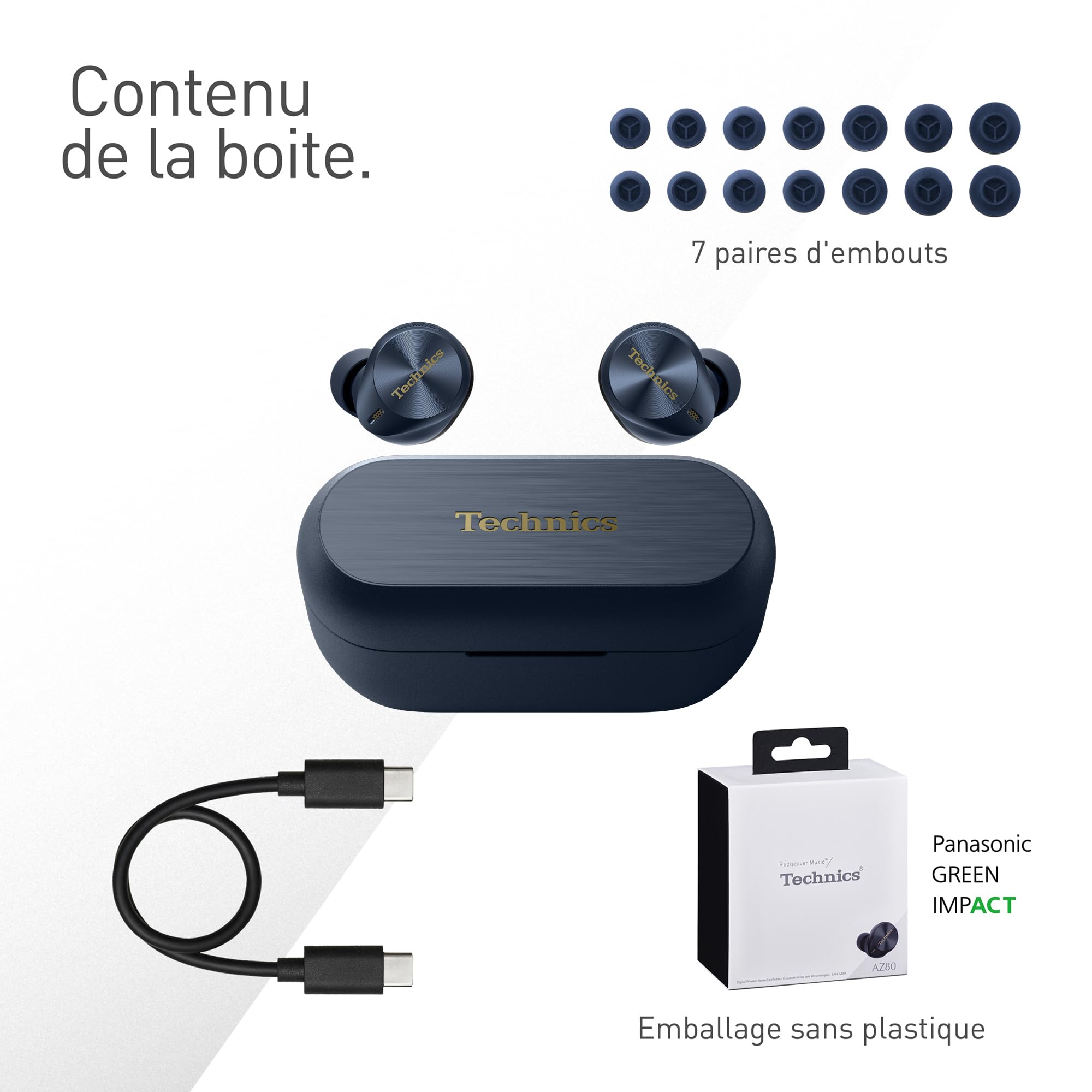 Technics EAH-AZ80E-A Écouteurs sans Fil avec Suppression du Bruit, Bluetooth, écouteurs Intra-Auriculaires avec Microphone intégré, Ajustement Personnalisable, jusqu'à 7 Heures de Lecture, Bleu Nuit