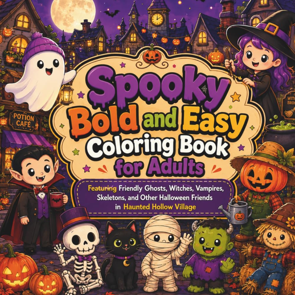 Spooky Bold and Easy Coloring Book for Adults: Featuring Friendly Ghosts, Witches, Vampires, Skeletons, and Other Halloween Friends in Haunted Hollow Village