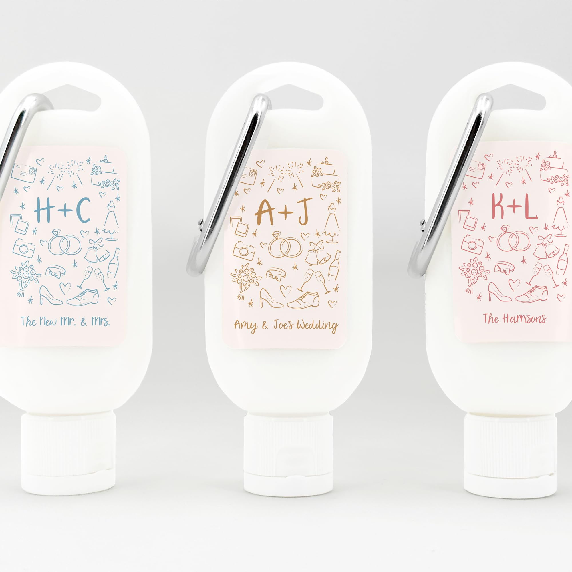 Personalized Sunscreen with Carabiner SPF 30, Custom Sunscreen for Wedding Favors, Party Favors, Hand Drawn Wedding Doodles, Bridal Shower Favors (Set of 12)