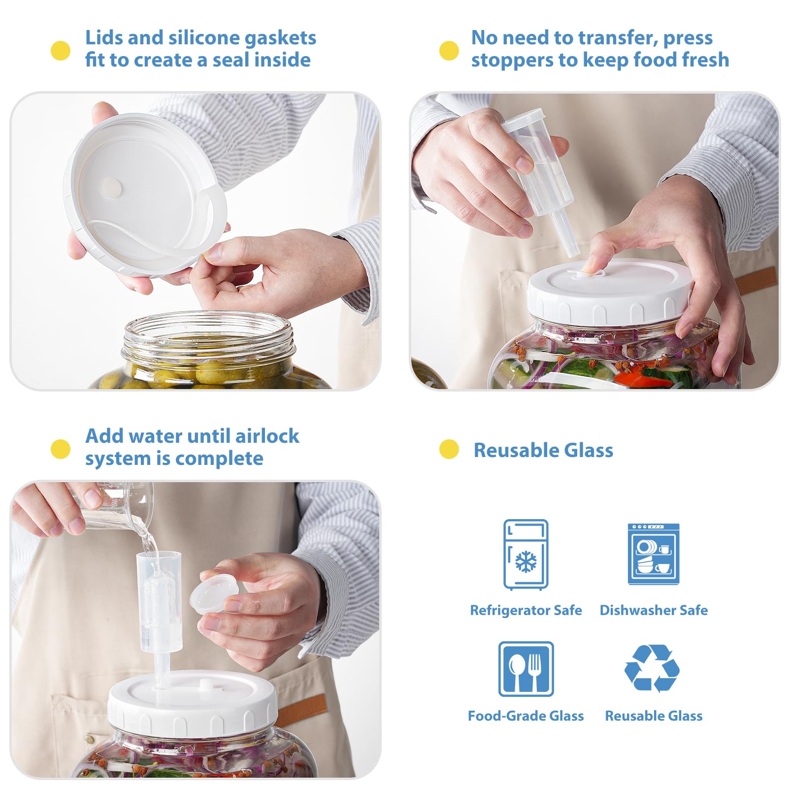 Lot de 2 grands bocaux de fermentation en verre de 5 litres avec couvercle 100 % hermétique et 3 sas, bocal Mason à large ouverture avec ligne graduée pour brassage maison, cornichons, légumes,