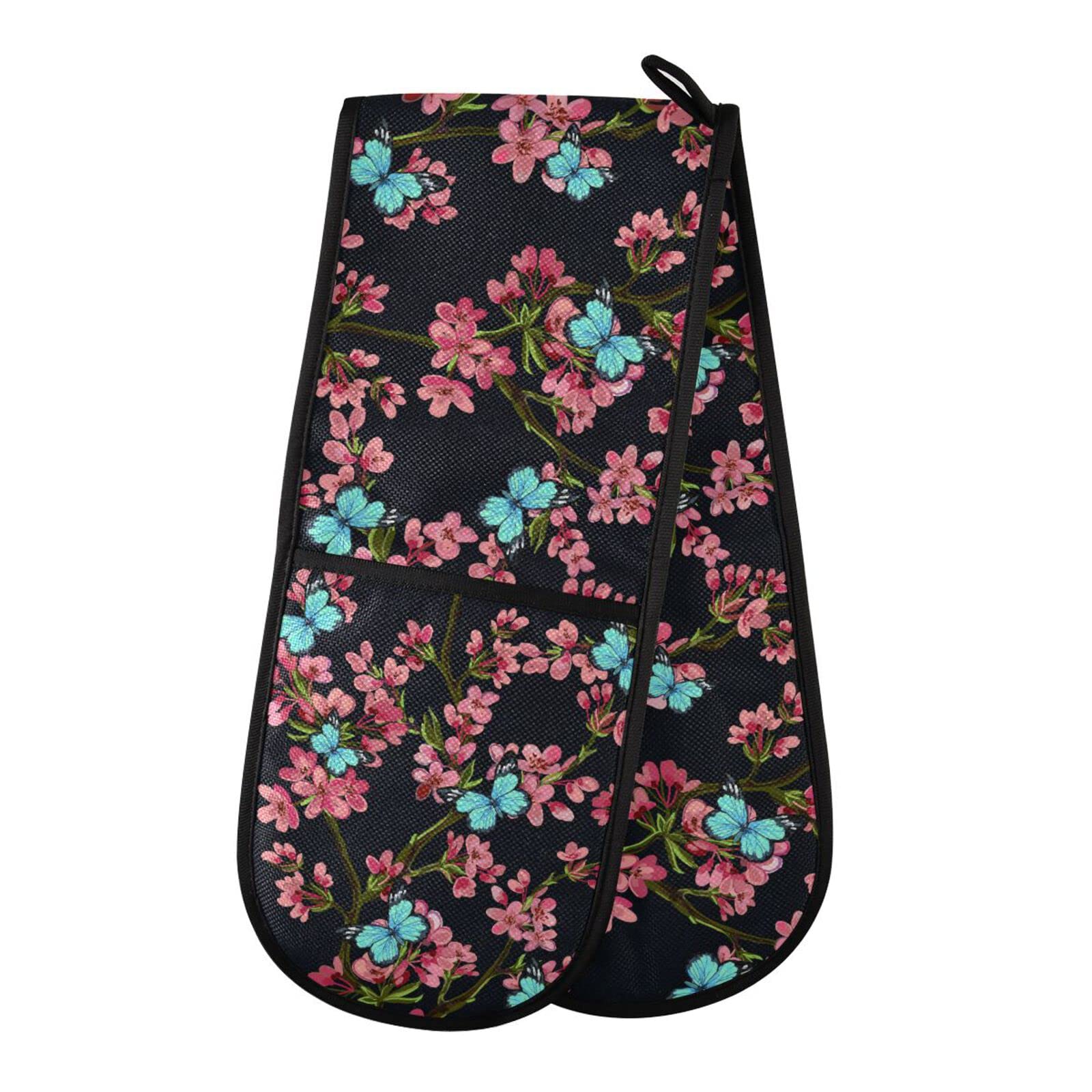 Double Oven Glove Tropical Flower Butterfly Heat Resistant Double Ovens Mitt Modern Cooking Gloves Potholders