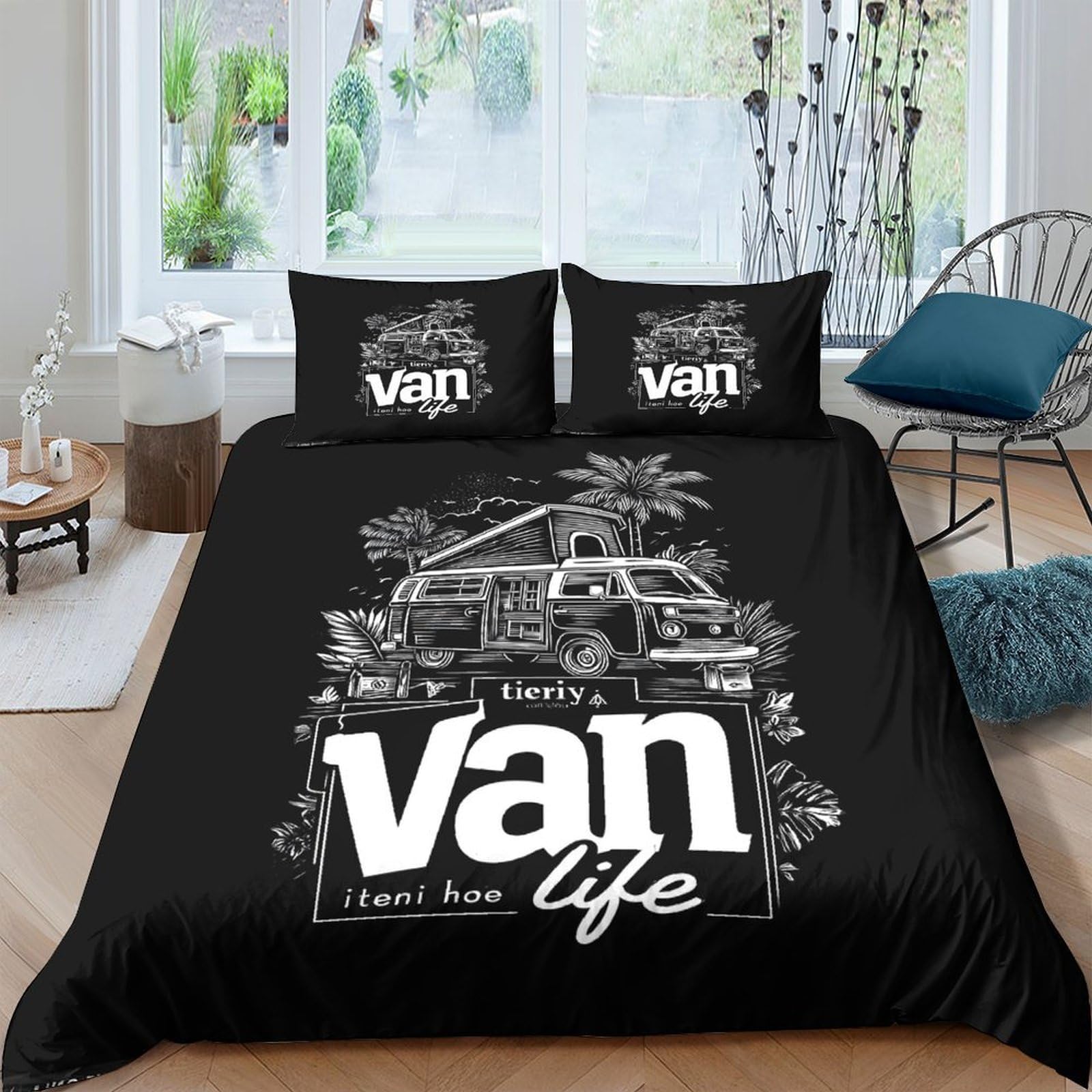 Soft Microfiber 3D Print Van life graphic Duvet Cover All Season Bedding Set w/ Pillow Shams Vintage travel illust Quilt Cover Sets Easy Care Breathable Machine Washable for Couples Single（140x200cm）