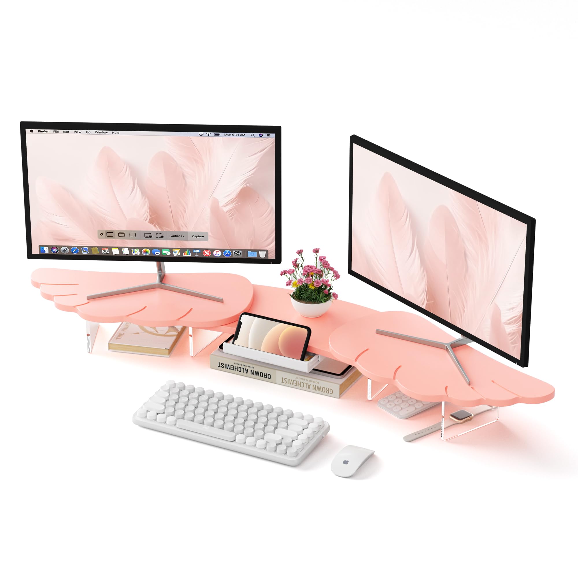 Dual Monitor Stand Riser,Wing-Shaped Sturdy Desktop Computer Wood Stand for 2 Monitors Cute Monitor Riser for Laptop, PC, Computer,Pink