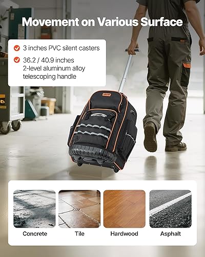 Miniatura 4 de VEVOR Mochila para herramientas rodantes, capacidad de carga de 110 libras, 72 bolsillos, bolsa de herramientas resistente sobre ruedas, mango