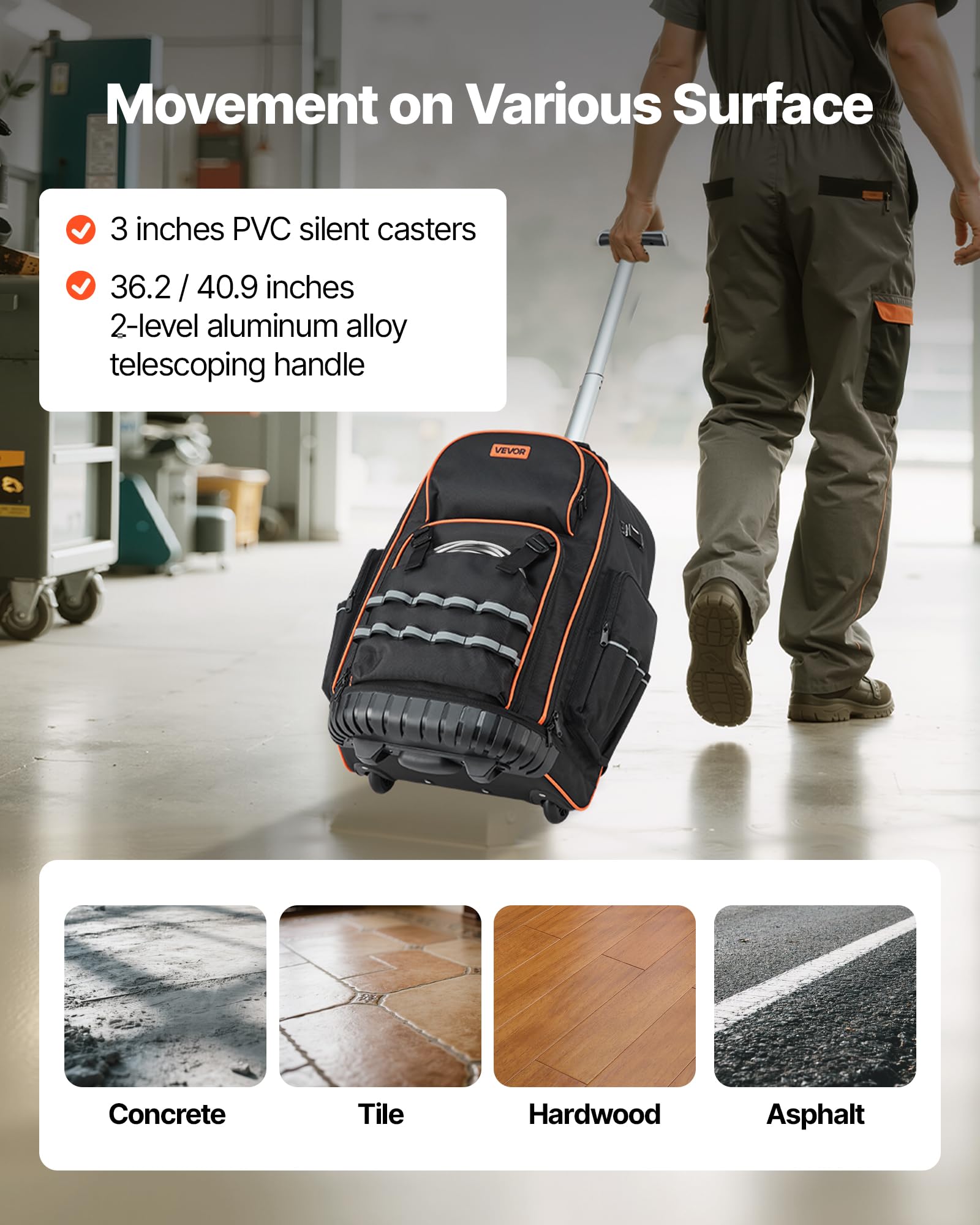 VEVOR Mochila con Ruedas de 450 x 275 x 560 mm Capacidad de Carga de 50 kg Mochila de Herramientas Resistente con 72 Bolsillos, Asa Telescópica Ajustable y Base Estable para Construcción y Mecánico