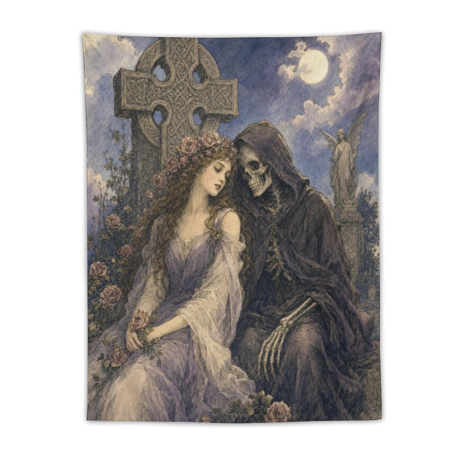 H3B8U2Y5 Gothic Bride with Death Wall Tapestry, Fantasy Illustration