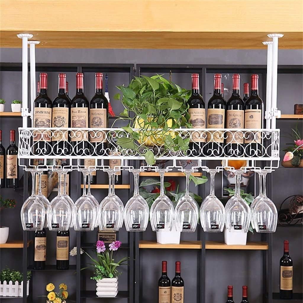 Floating Wall Mounted Wine Rack Shelf with Ceiling Hanging Metal Iron Wine Glass Holder Black 24x10 inch
