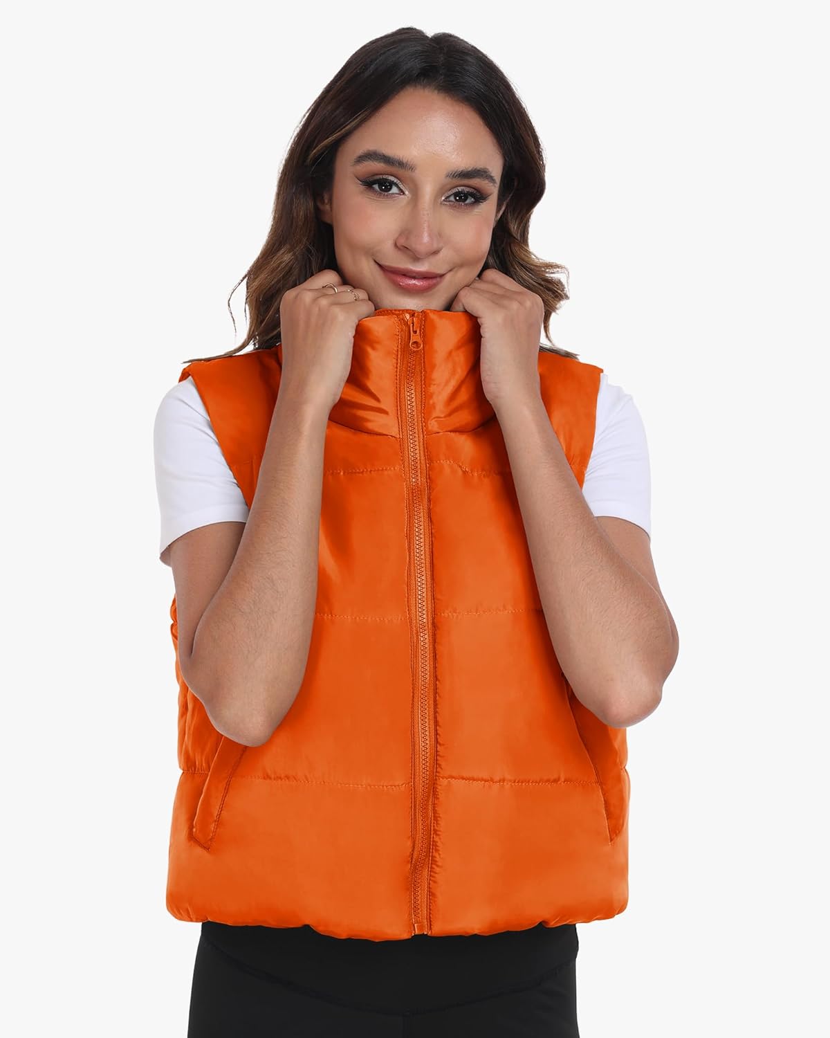Memorose Puffer Vest for Women Winter Outwear Jacket Cropped Sleeveless Lightweight Fashion Fall Coat with Pockets Orange L - Image 3
