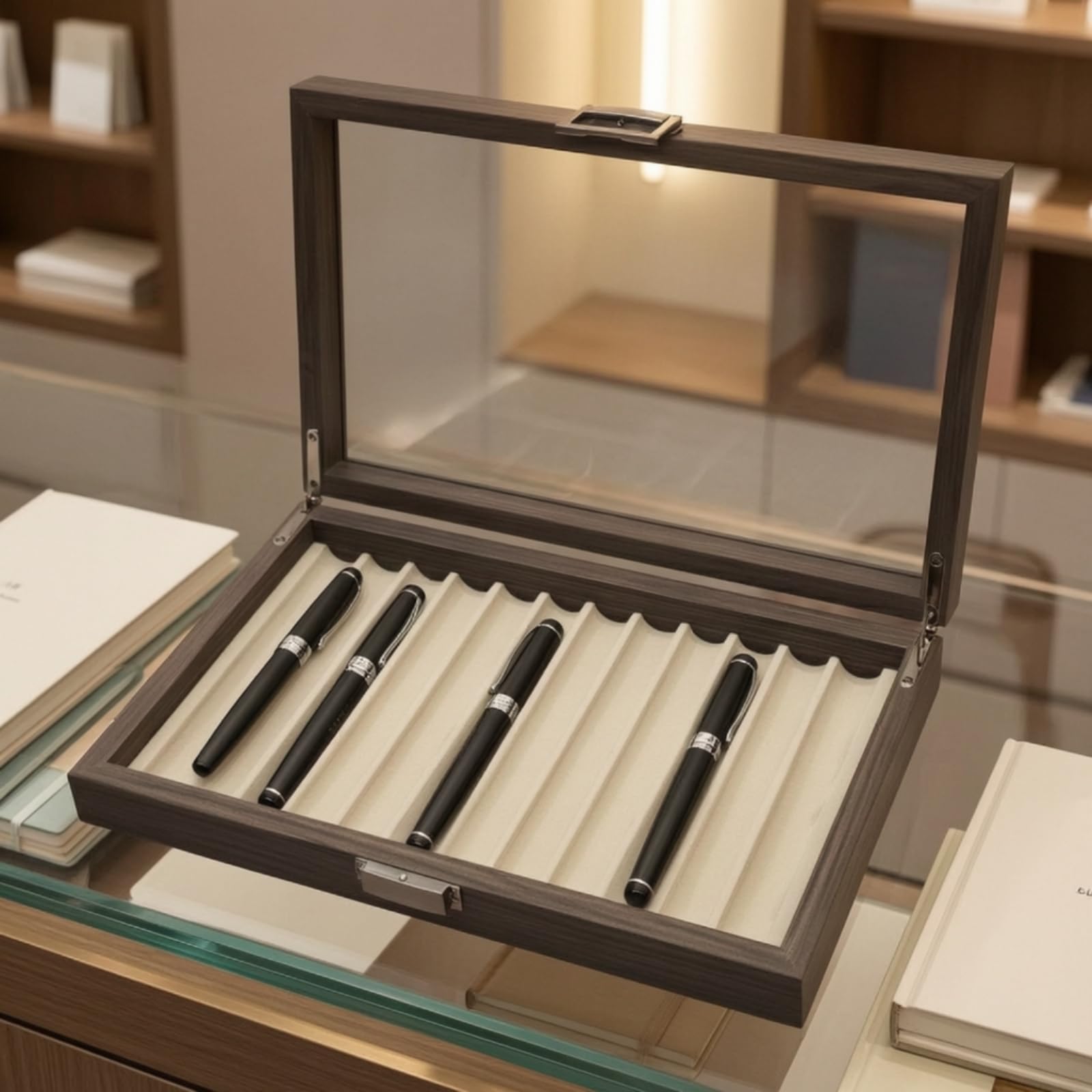 kowaku Pen Display Case Espositore Porta Penne Scatola Custodia in Legno con Finitura Venata Coperchio in Vetro Scomparti con Scanallature Antipolvere con Ganci Metallici Adatta a Studio , Noce Nero