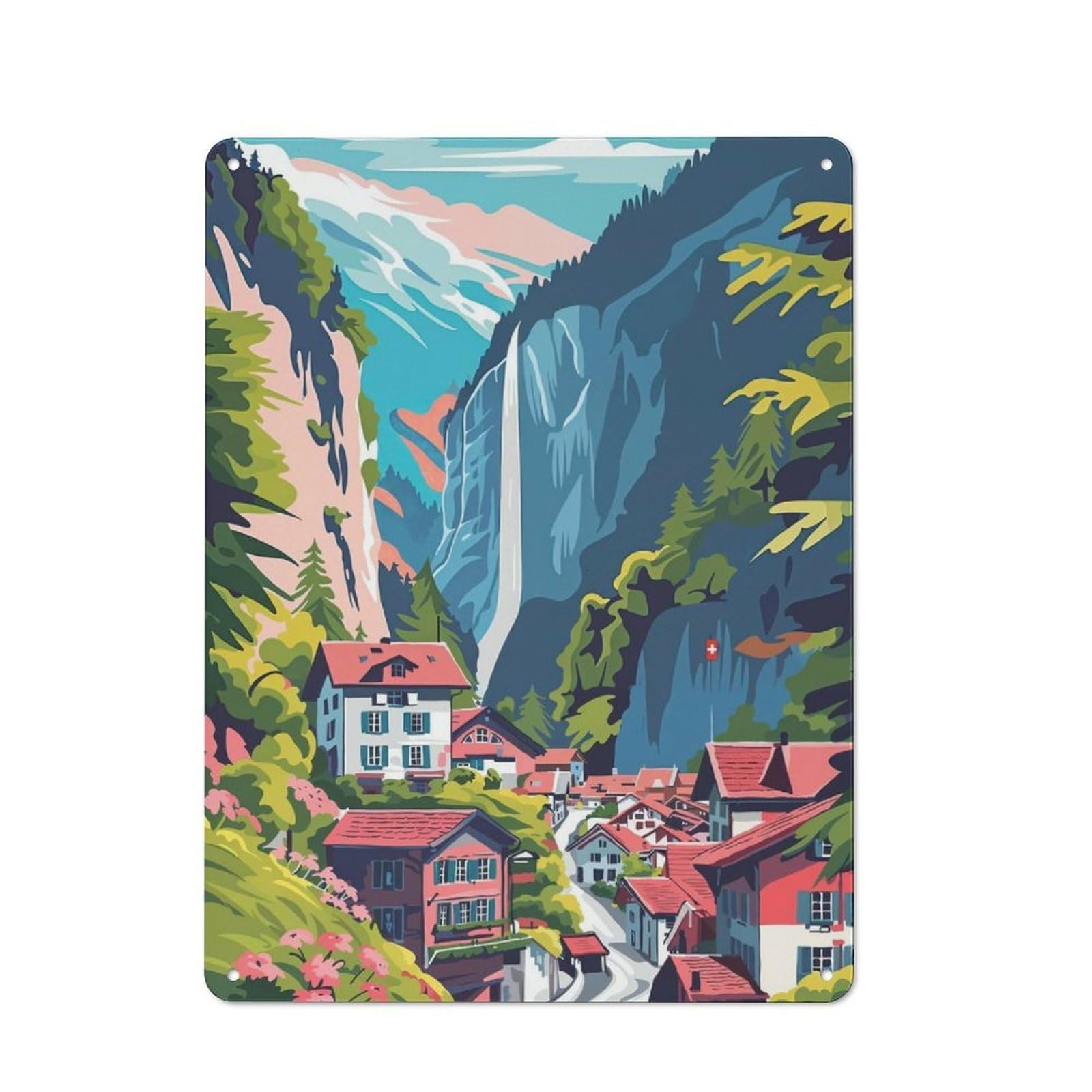 Metal Wall Sign 40x30cm Featuring Lauterbrunnen Waterfall for Living Room Wall, for Metal Sign Collectors, for Garage And Workshop Walls