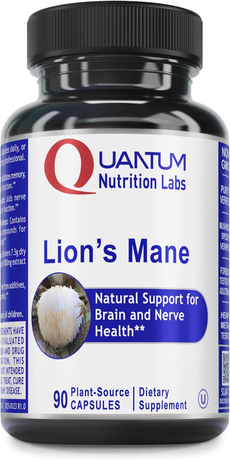 Quantum Nutrition Labs Lion’s Mane – Lions Mane Mushroom Supplement Capsules for Focus, Memory, & Brain Support for Adults & Kids, 1000mg Premium Extract Per Serving – 90 Vegetarian Capsules