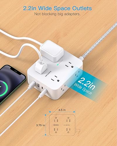 Miniatura 5 de HANYCONY 1080J - Cable de extensión de enchufe plano con múltiples tomas, regleta de alimentación con 8 salidas de CA, 4 puertos USB (2 USB-C),
