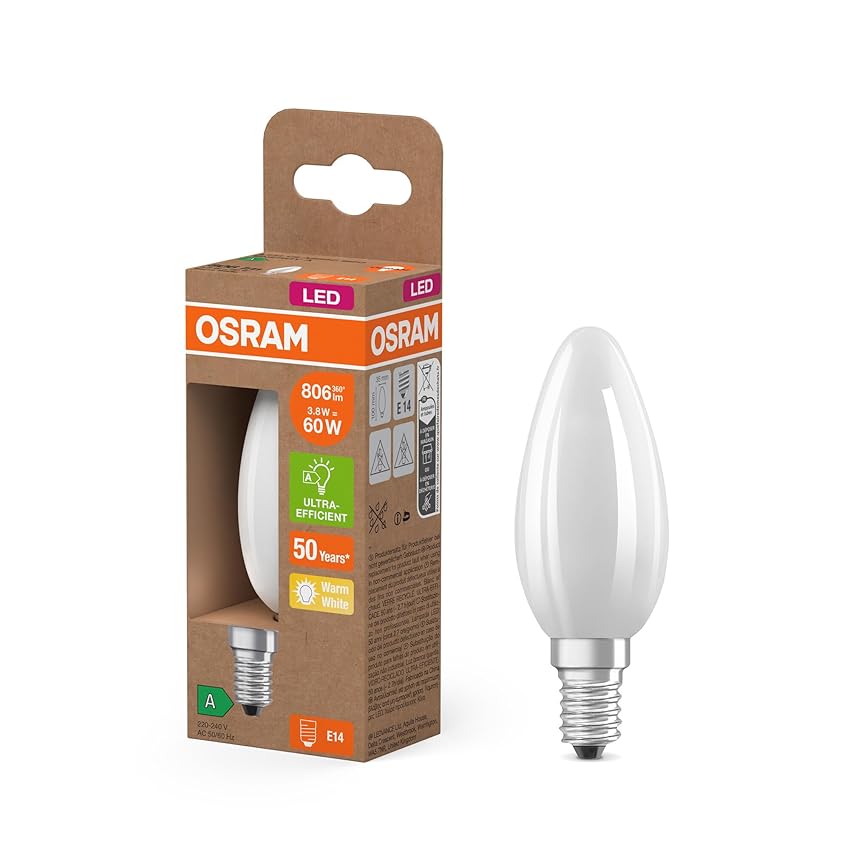 Osram Energy Class nella classica forma mini candela, 3,8 W / 806 lm, EEK A, luce bianca calda (2700 K), CRI 80, realizzata in vetro satinato senza piombo, attacco E14, IP20, diametro 35 mm.