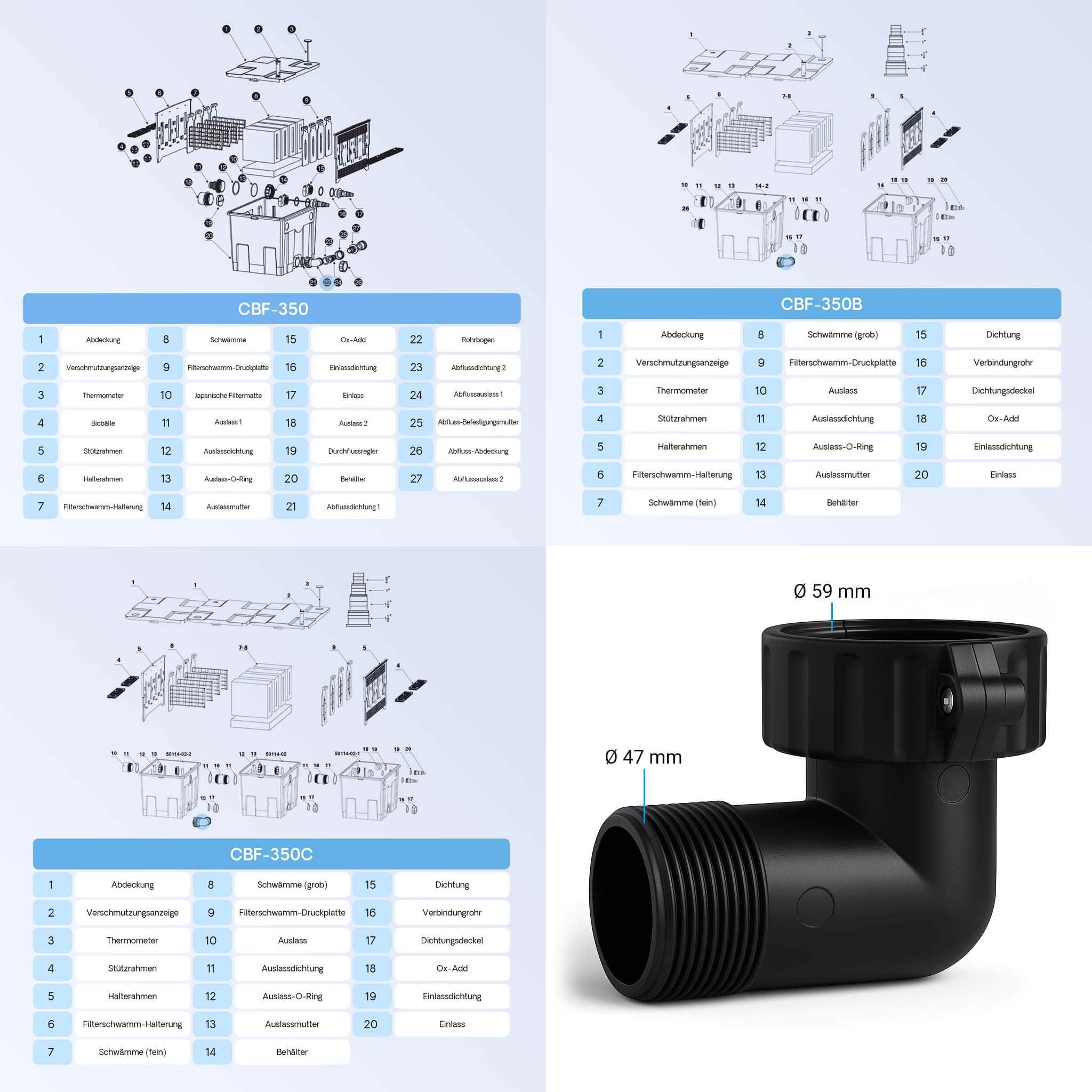 Aquaristikwelt24 Chambre De Partie '' Part 19 D'entrée D'anneau En Caoutchouc Du Filtre De Rechange CBF-350 Filtre Chambre De Bassin