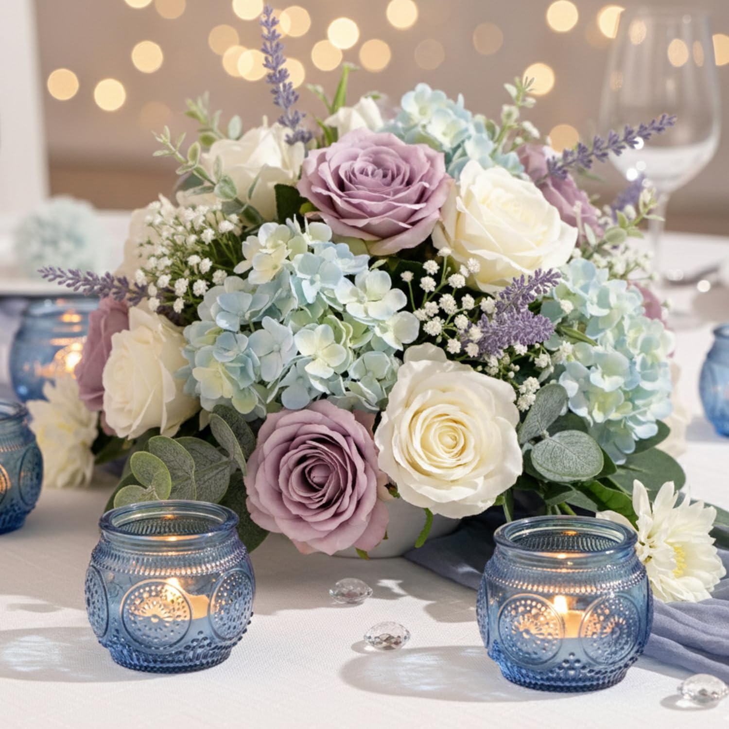 LAMORGIFT 12 Pcs Blue Votive Candle Holders for Bridal Shower Decorations- Floral Style Dusty Blue Candle Holder for Wedding Table Centerpieces, Baby Shower Decor