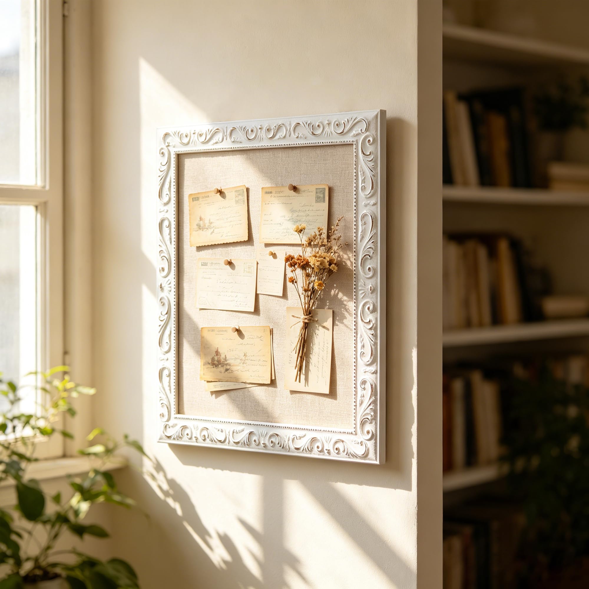 Blanc Vintage Tableau Liege Mural avec Cadre en Bois 40 x 32 cm,Tableau d'Affichage Liège Rustique, Petit Tableau pour Épingles
