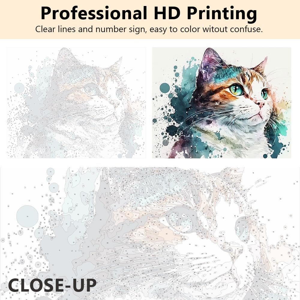 TISHIRON Pittura fai da te di gatto con i numeri per adulti e principianti, con pennelli e pigmenti acrilici, animali, kit di pittura con numeri per adulti su tela, pittura ad olio e artigianato per