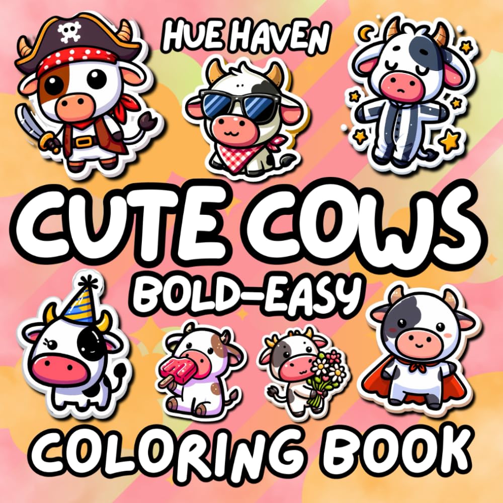 Cute Cows: Bold and Easy Coloring Book for Kids and Adults Simple Stress Relief Cute Cow Designs.