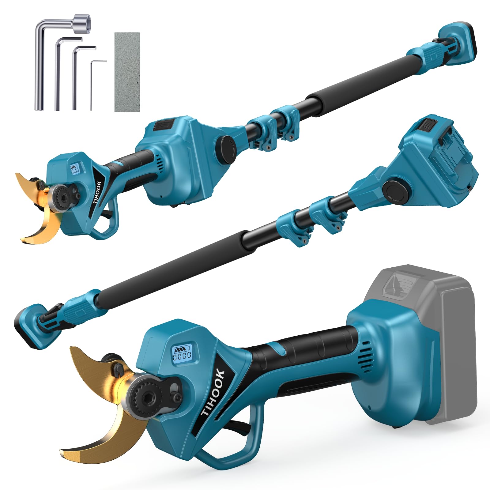 Sécateur Électrique Sans Fil 2 en 1, Moteur Sans Balais de 40 mm, Perche de 2,5 m, Coupe Maximale de 60 mm Pour Batterie Makita BL-18 V, avec Écran LCD, Pour le Jardinage (Sans Batterie)