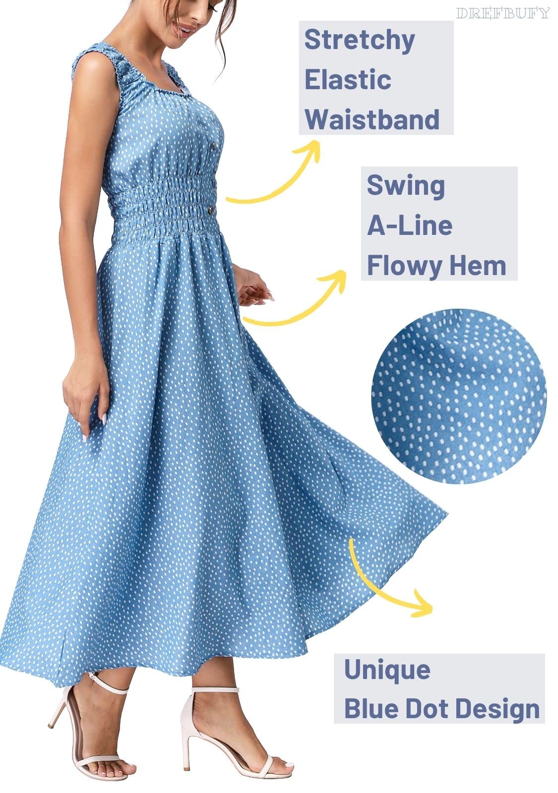 DREFBUFY Vestido largo de mezclilla para mujer, sin mangas, casual, de algodón, color azul, bohemio, holgado, largo, para mujer