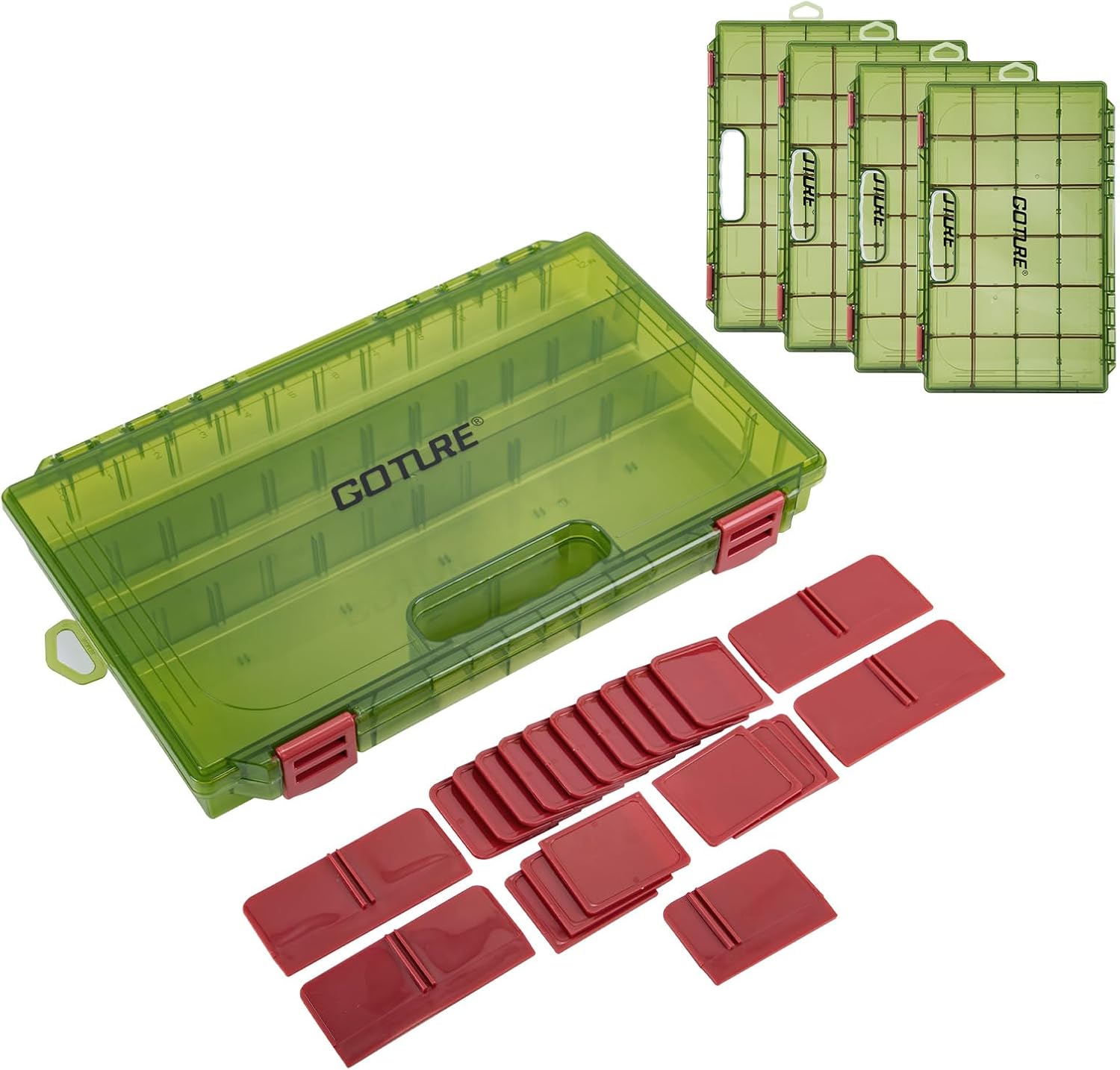 Goture Fishing Tackle Box Organizer - Transparent Fishing Organizer Box w/Measurement Ruler, Adjustable Dividers, Dual Latches | 4 Pcs 3700 Tackle Tray| Ergonomic Grip