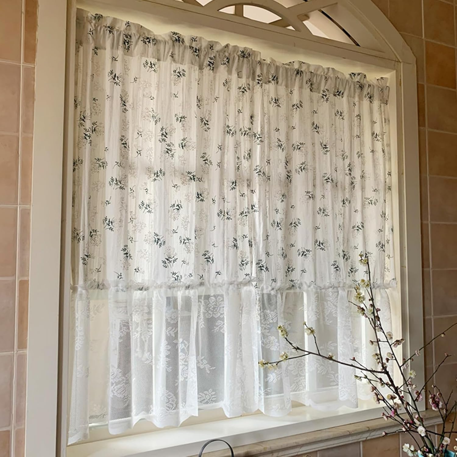 Kitchen Curtain, Lace Stitching Tier Curtains, Small Cafe Curtain Valance, Country Farmhouse Small Curtains Light Filtering Rod Pocket, for Bedroom Living Room(W90xH120cm/35.4x47.2in)