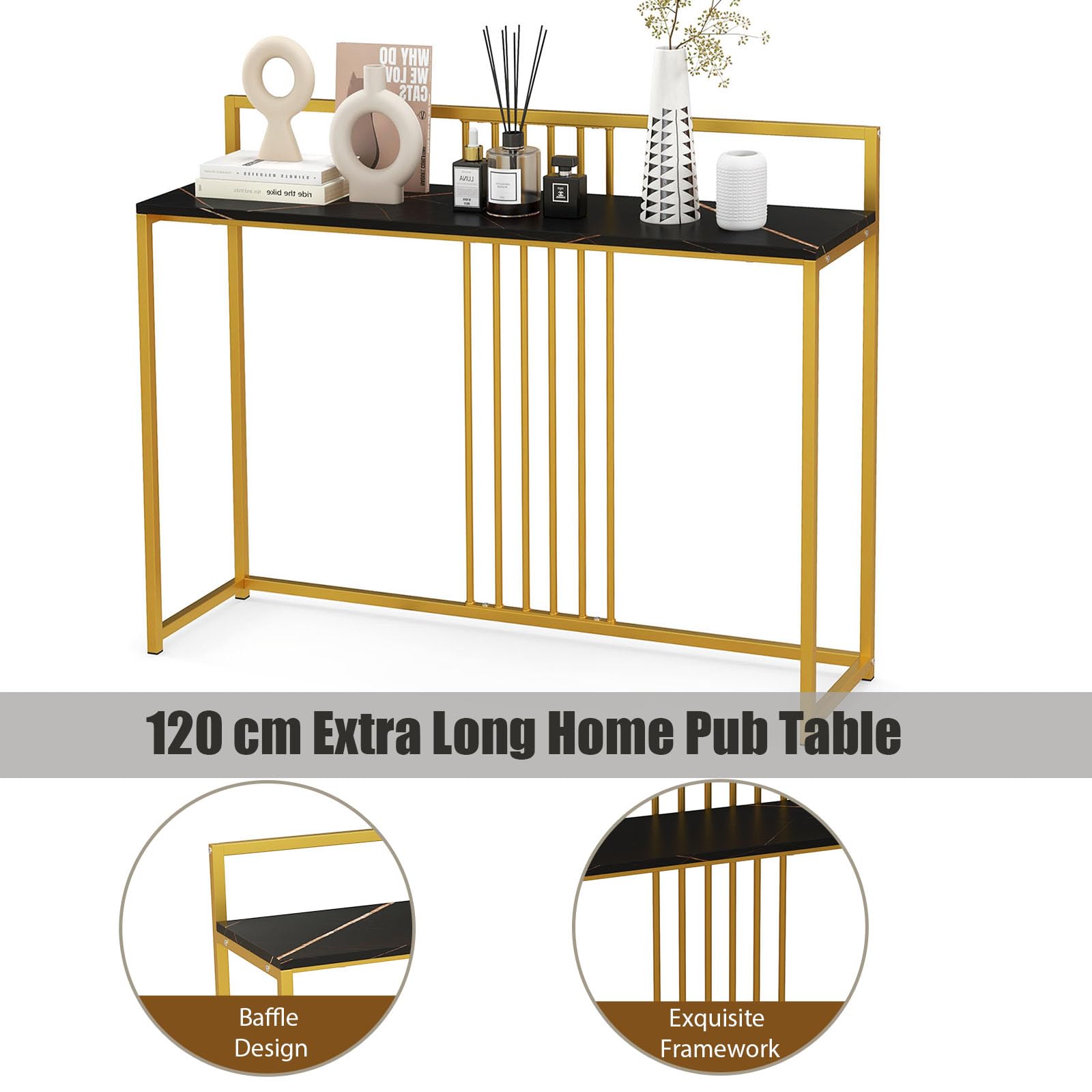 LIFEZEAL Table Console Aspect Marbre Doré, Meuble d’Entrée avec Structure en Métal, Table d'Appoint Étroite Style Candinave, 120 x 32 x 88 cm, Bout de Canapé pour Couloir, Entrée, Salon (Noir)