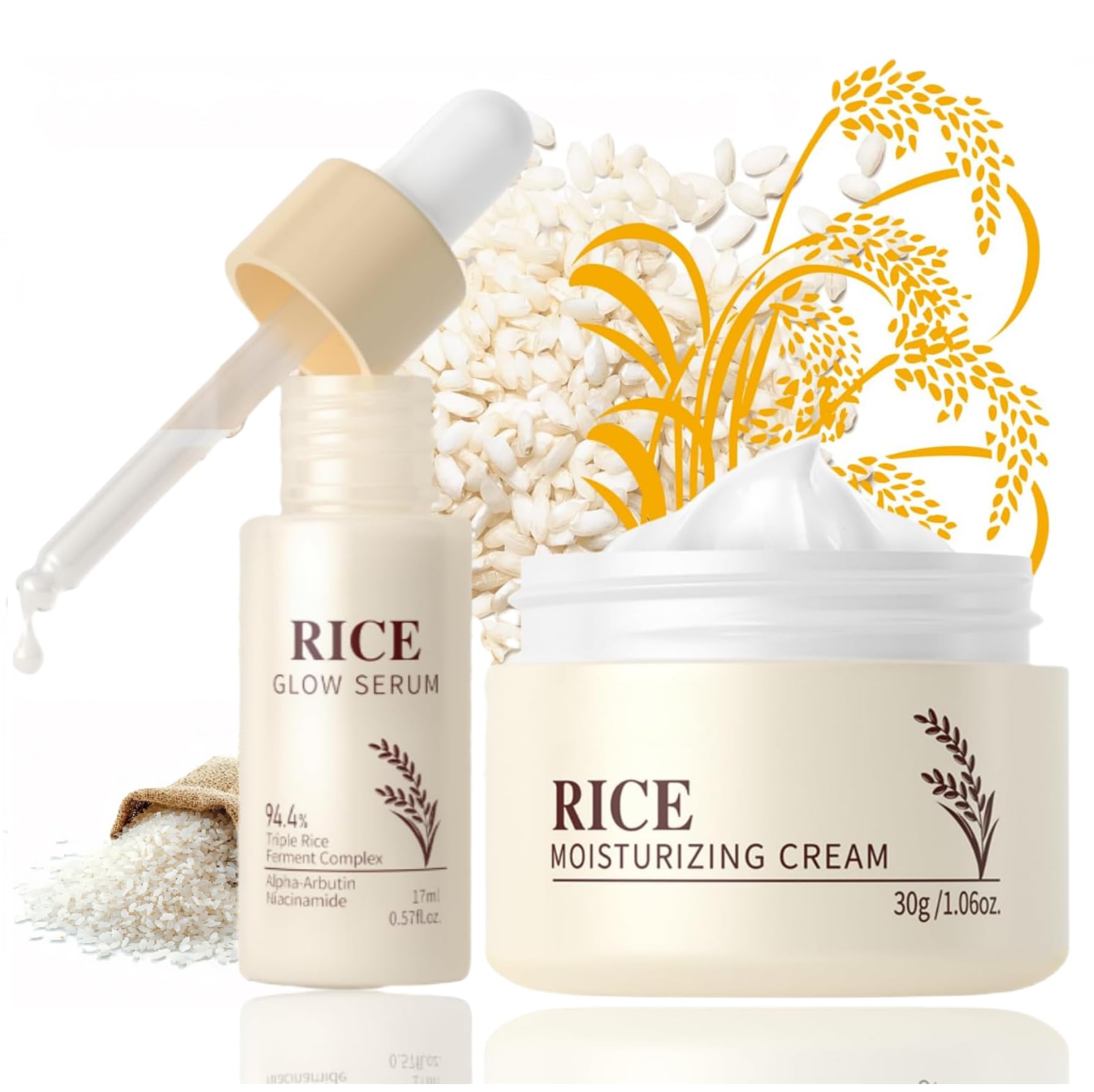 Rice Face Cream/Essence Korean Skincare Set– Hydrating Rice Ficial Skin Care Set for Deeply Cleansing with Rice Serum, Moisturizing Cream 2pcs for Women Teen Girls, Increasing Skin Elasticity
