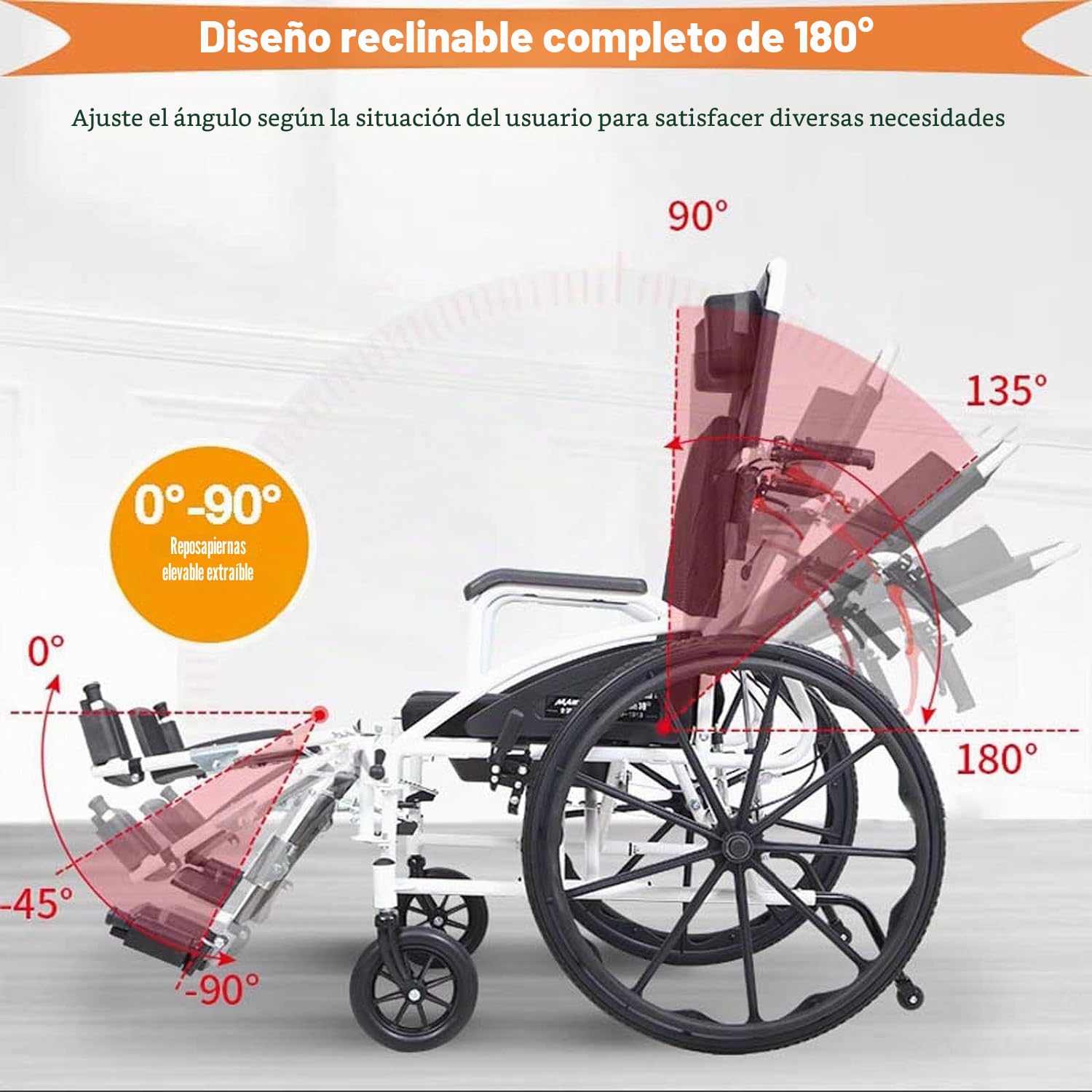 Silla de ruedas MKYOKO reclinable, ligera, de acero al carbono, plegable, autopropulsada, con respaldo alto, reposacabezas extraíble, 180° completo, Gris O Plateado