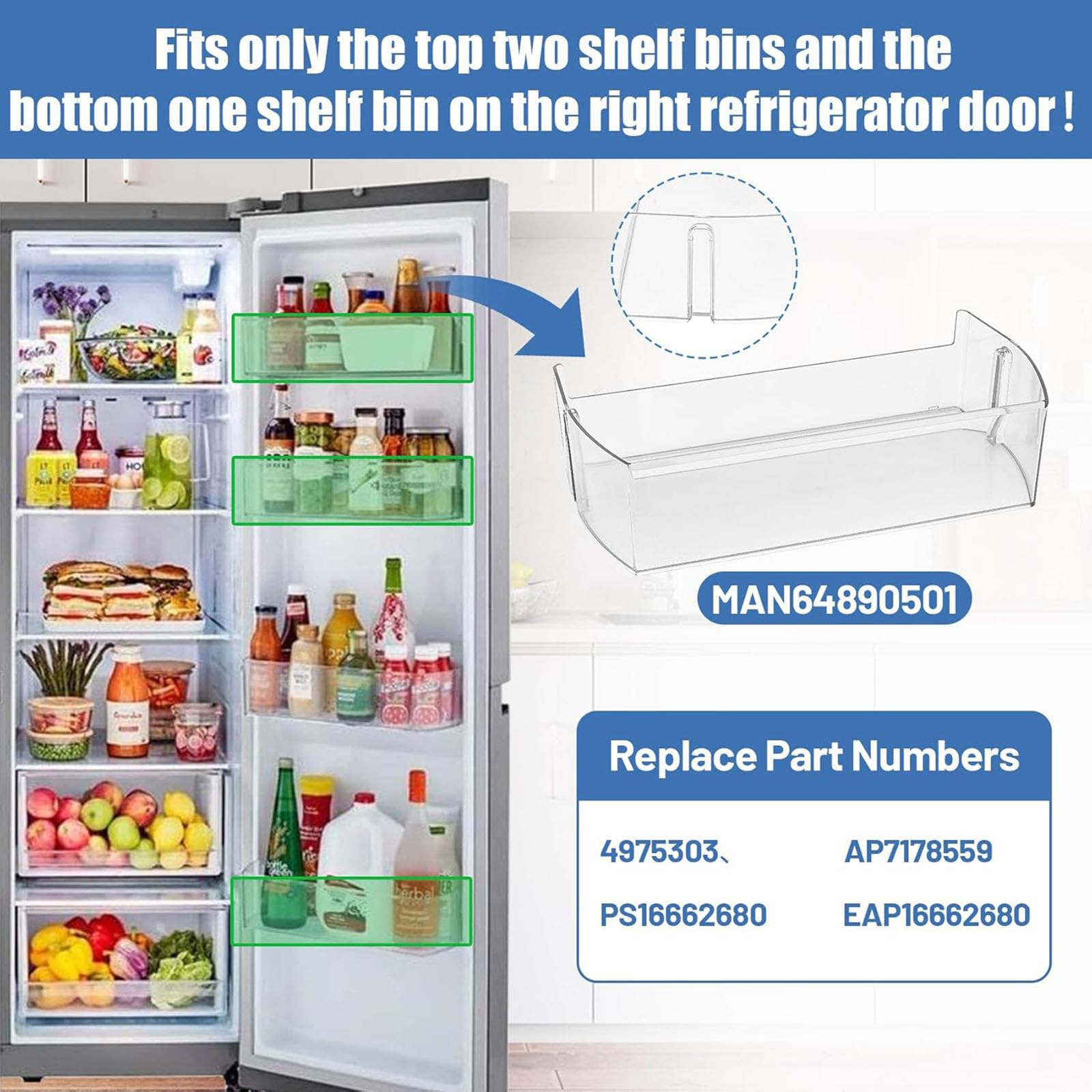 Fácil instalación, repuesto de contenedor de refrigerador, solución de configuración rápida, organizadores de refrigerador, adecuados para refrigeradores seleccionados, estante de puerta de