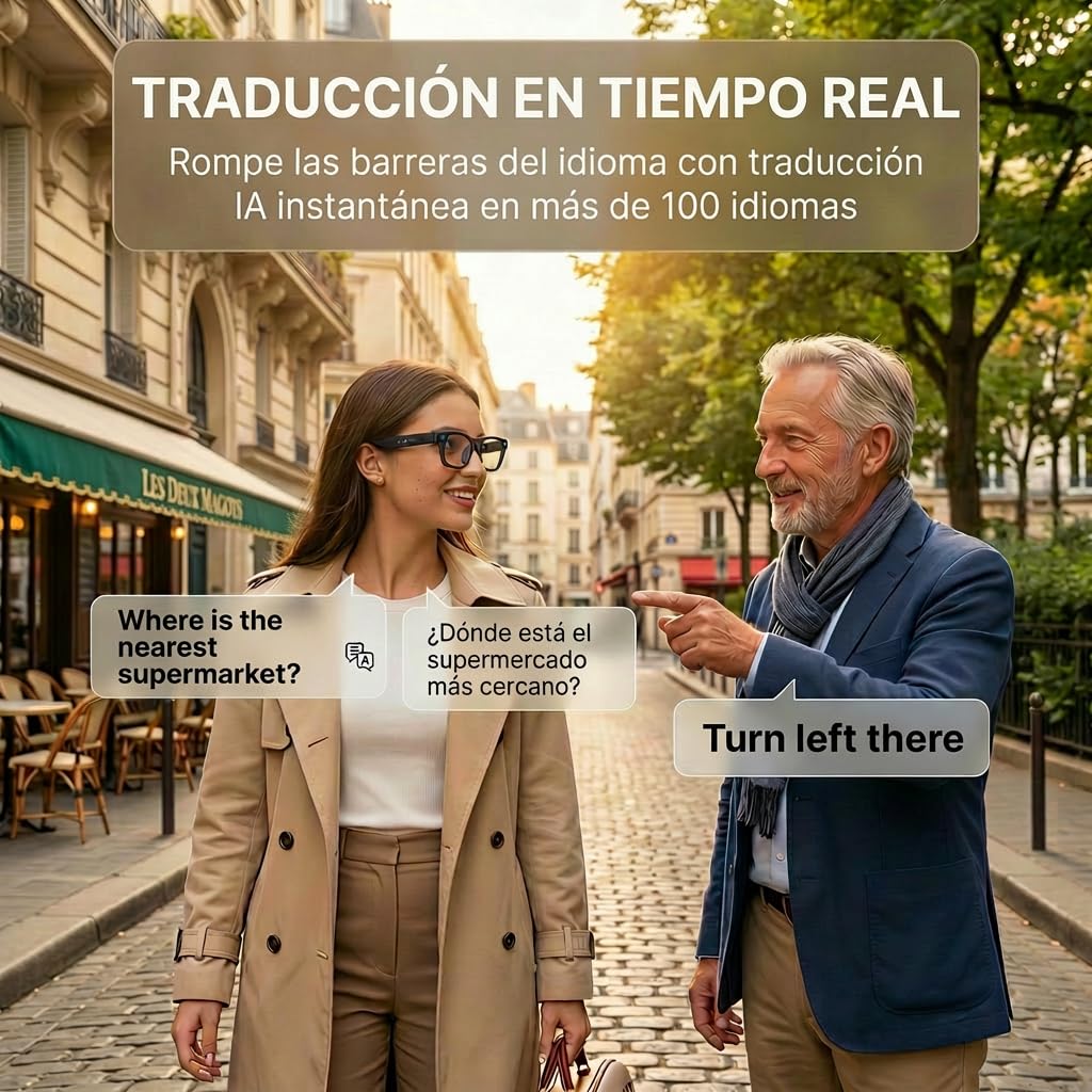 Gafas con Cámara de 13 MP con Lentes Fotocromáticas, Traducción AI en Tiempo Real y Reconocimiento de Objetos con ChatGPT, Control por Voz de Música y Llamadas, Gafas Inteligentes con IA