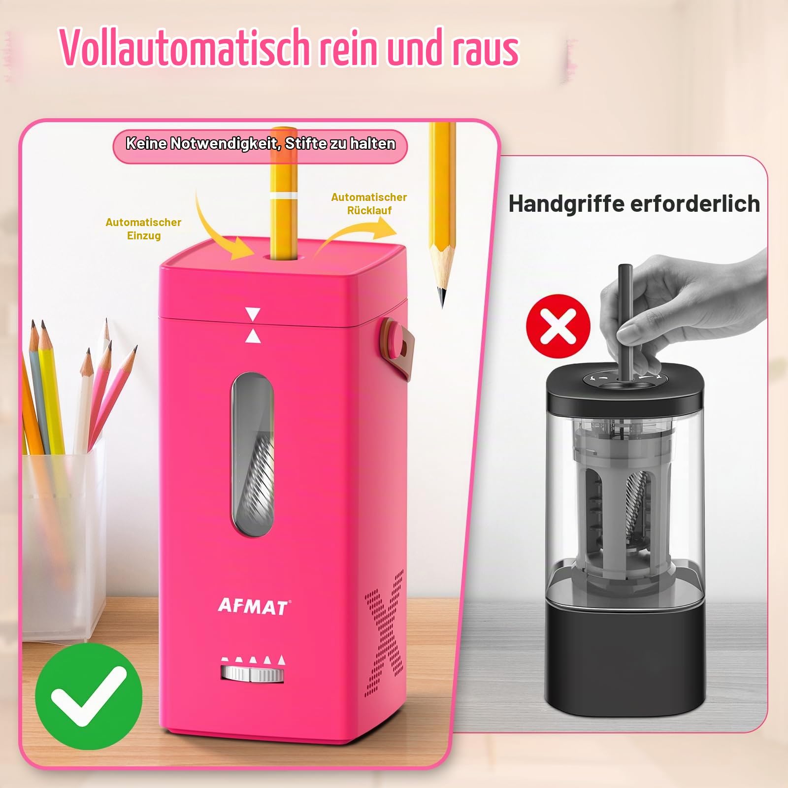 AFMAT Elektrischer Anspitzer, Vollautomatischer Anspitzer, Auto in & Out, Wiederaufladbarer Hands-Free Anspitzer für Jumbo & Buntstifte (6,5-12 mm), Tragbar für Zuhause/Klassenzimmer/Büro,Rosarot,PSC6